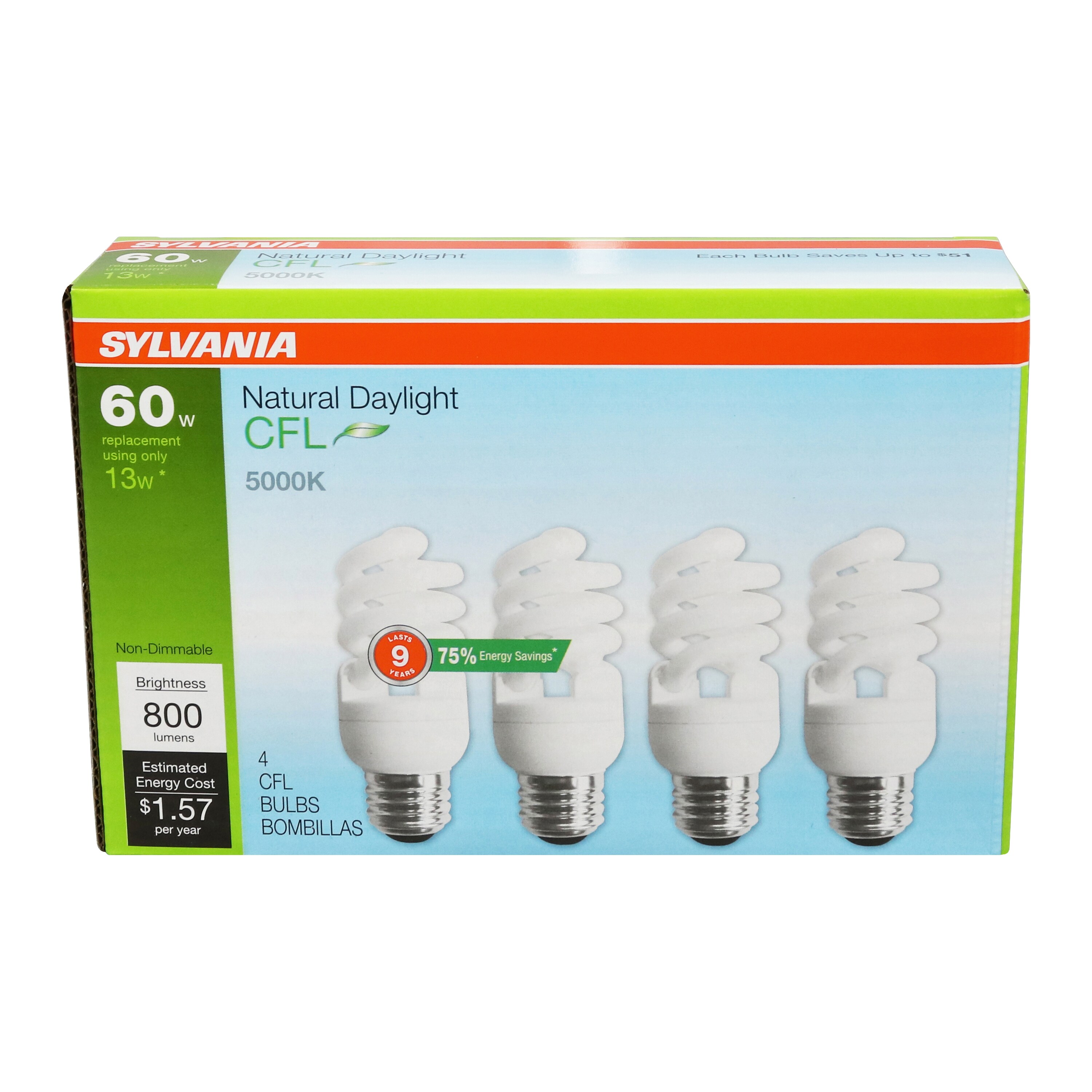 2 x Sylvania E27 11W = 55W  Long Life Compact Fluorescent Energy Saving Lamp 