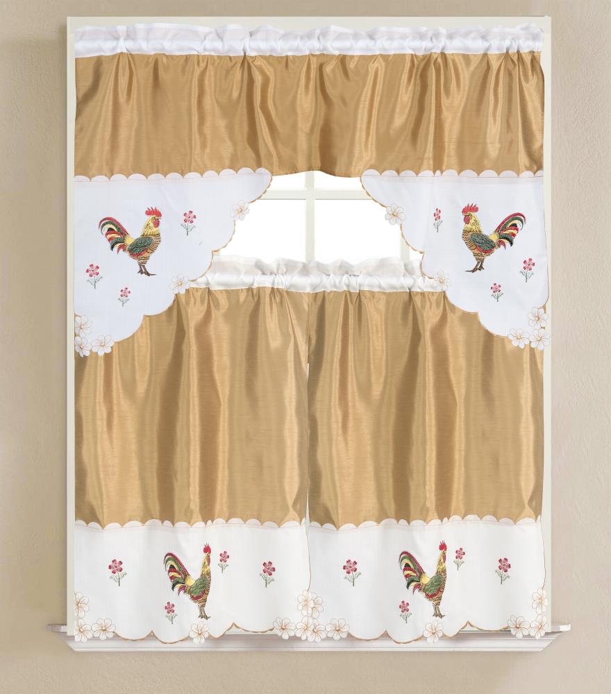 60" x 36" GOLD ROOSTER by ACP Embroidery Curtains Set: 2 Tiers & Swag 3 pc 