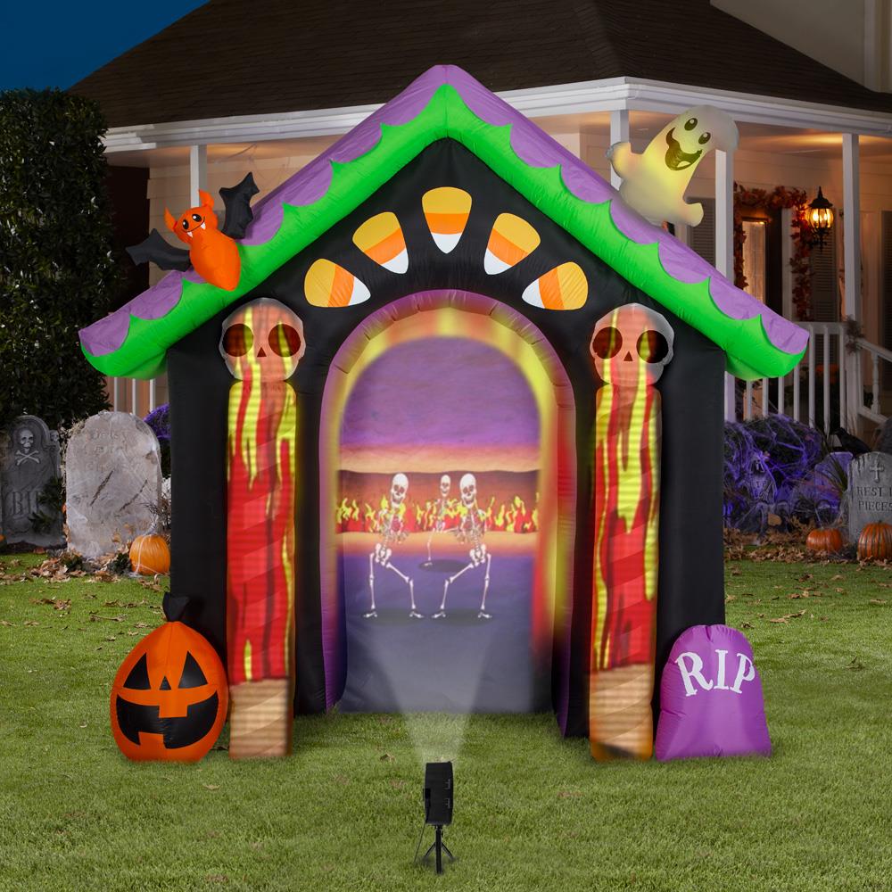 New 9Ft Gemmy Haunted House Projection Halloween Inflatable RIP Pumpkin Skeleton 