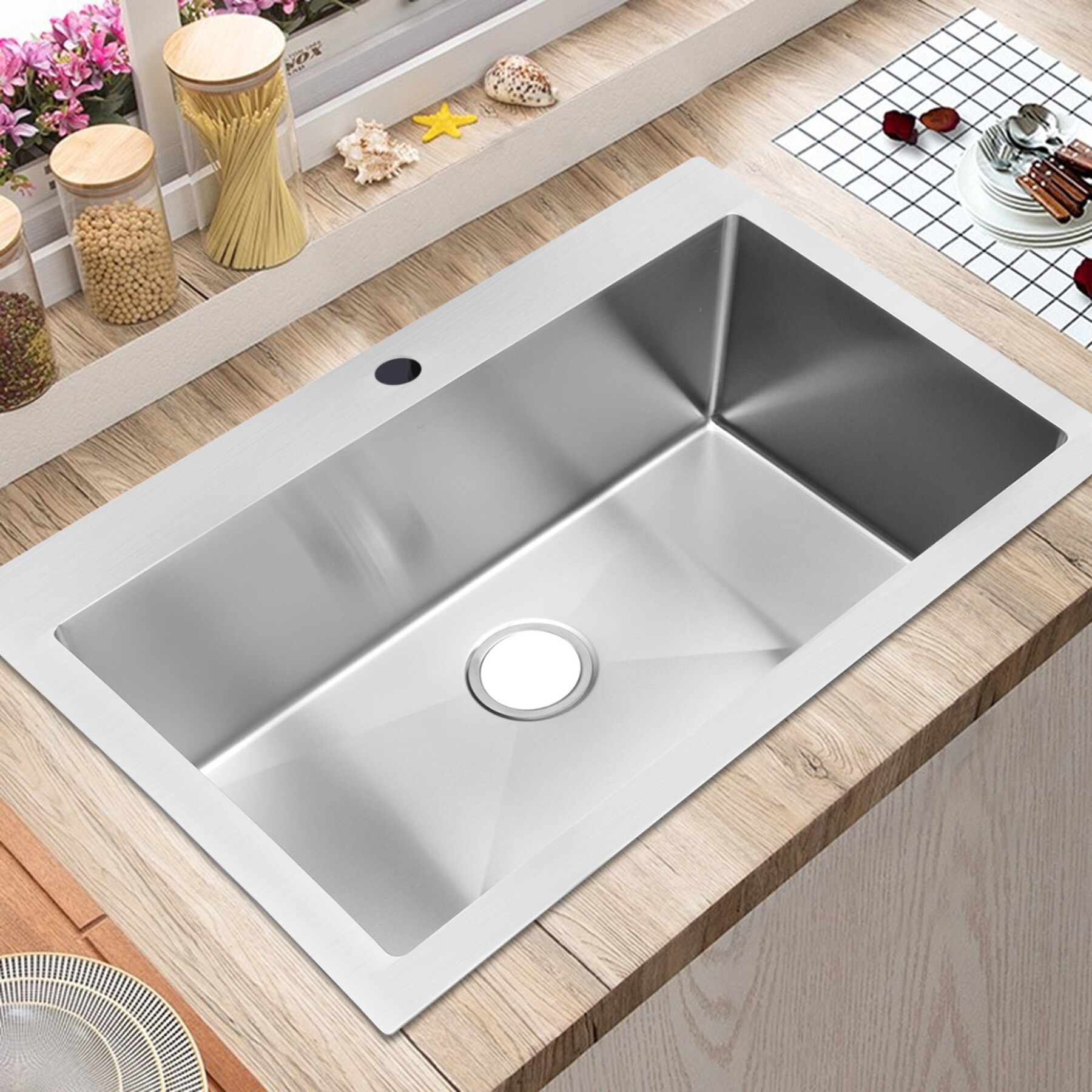 Kitchen Sink Stainless Steel Deep Wide Single Bowl Brushed Inset ​Mount Left Hand or Right Hand XUEFX Wash Sink Rack Stainless