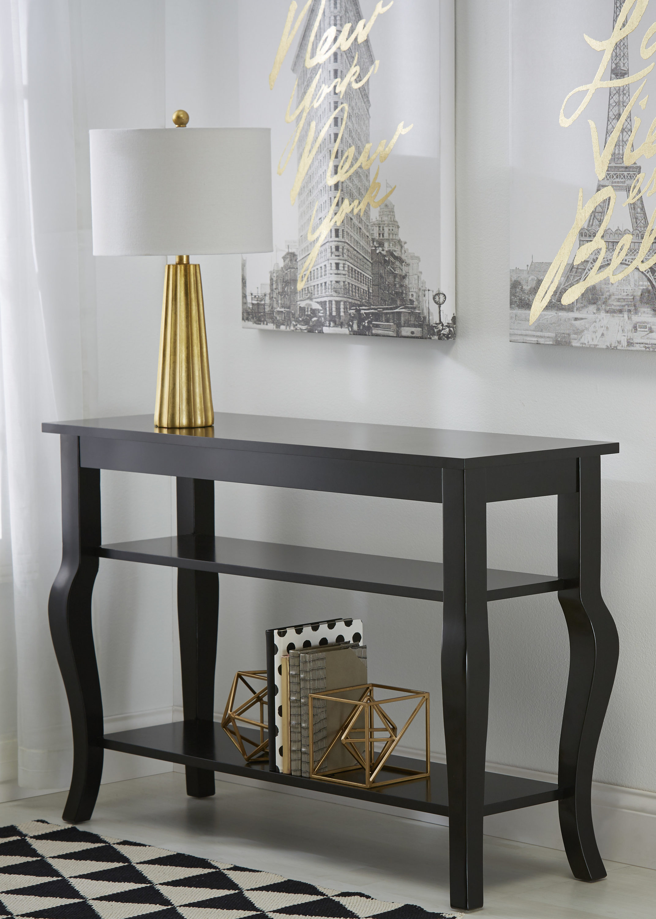 Black Kate and Laurel Lillian Wood Half Moon Console Table Curved Legs with Shelf