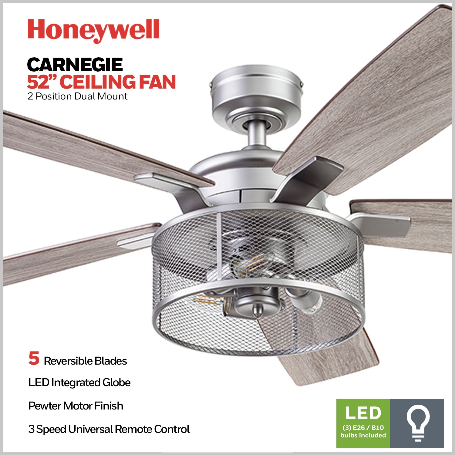 Matte Black for sale online Honeywell Carnegie 52" Industrial Ceiling Fan 