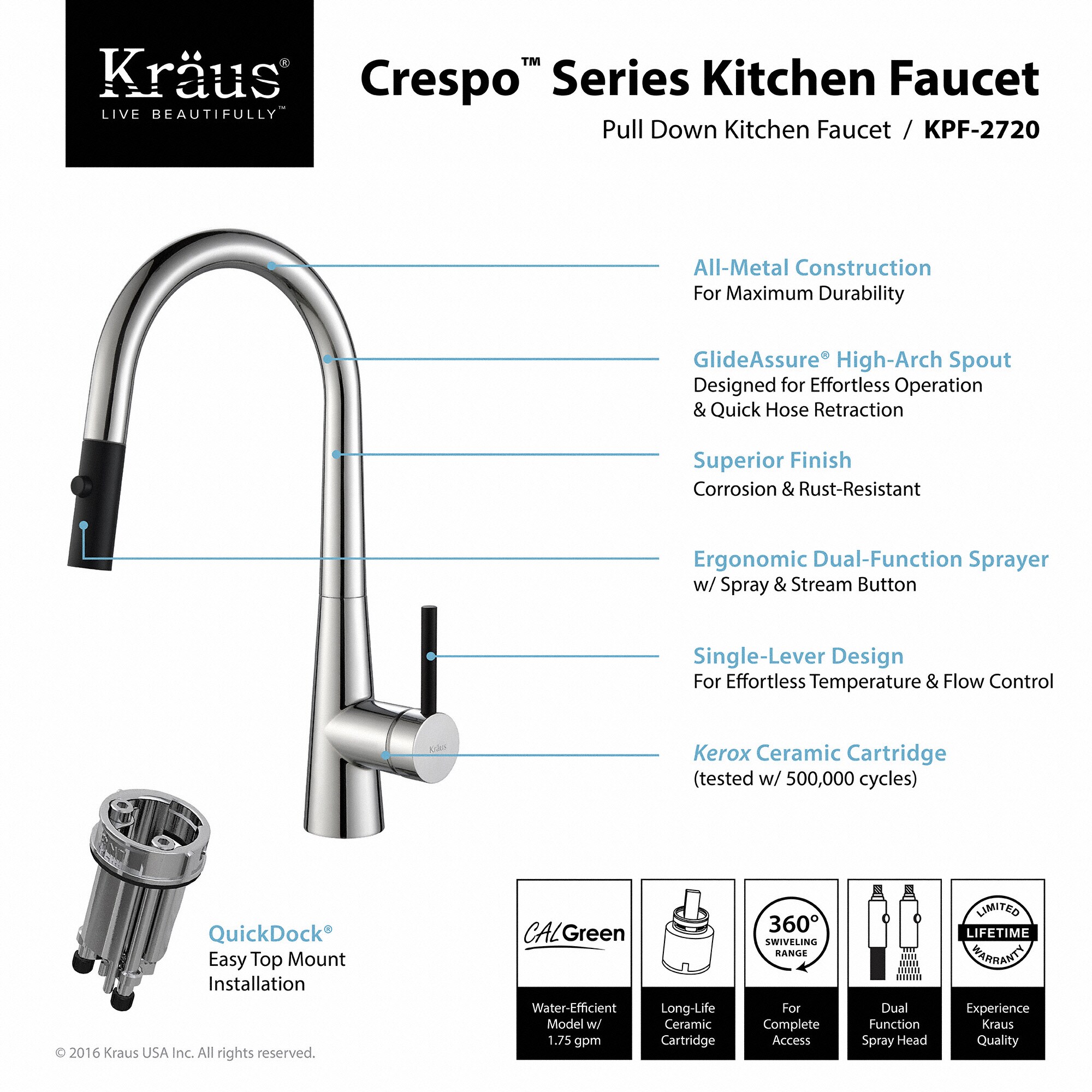 Kraus QuickInstall Kitchen Faucet Chrome Single Handle Pulldown