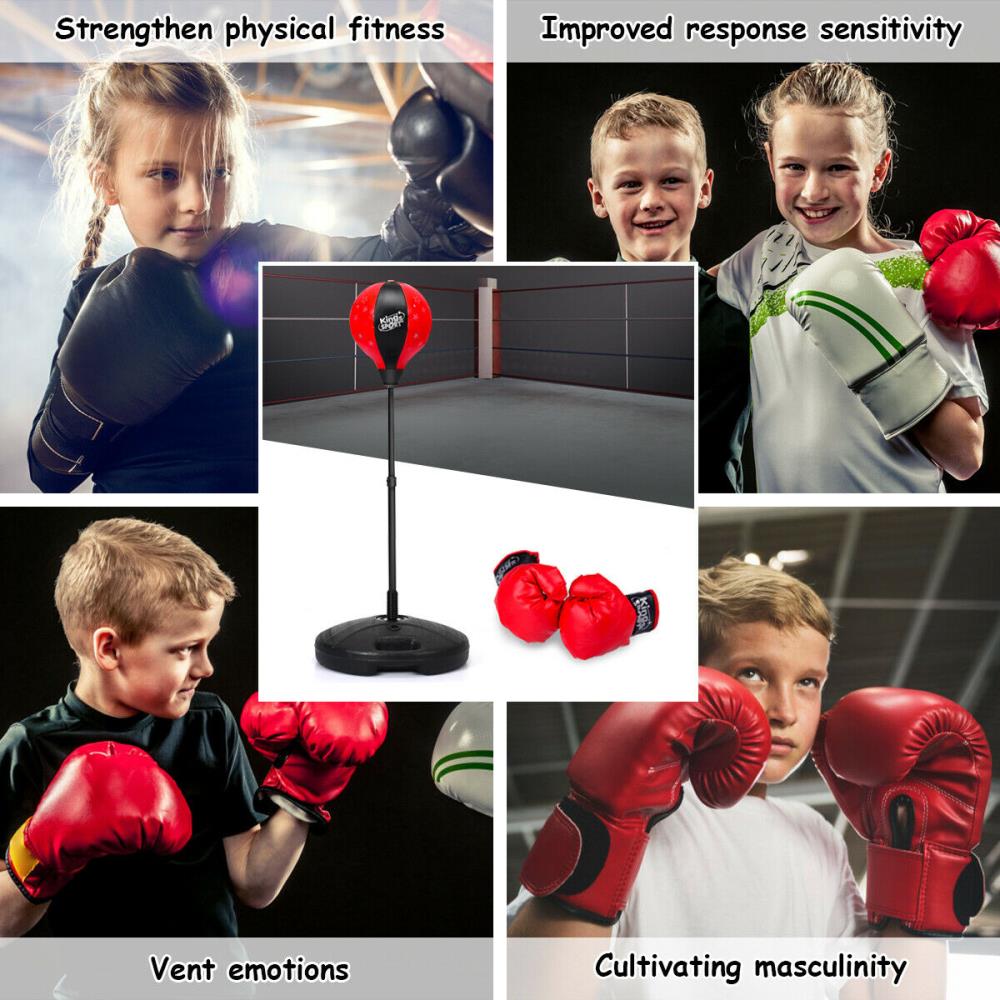 Adjustable Height Kids Punching Ball Bag Speed Boxing Sports Set Gloves &Pump 