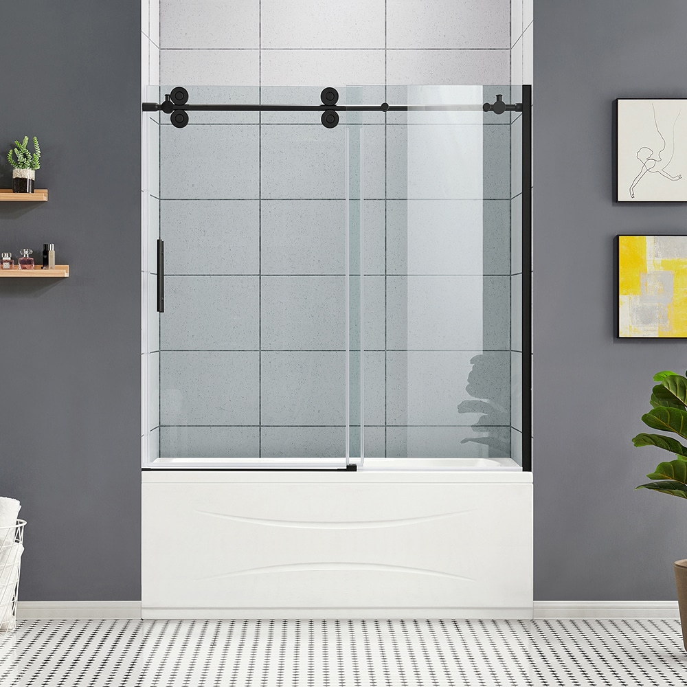 OVE Decors Sydney 58-in to 60-in W x 59-in H Frameless Sliding Black Alcove  Bathtub Door (Clear Glass) in the Bathtub Doors department at Lowes.com
