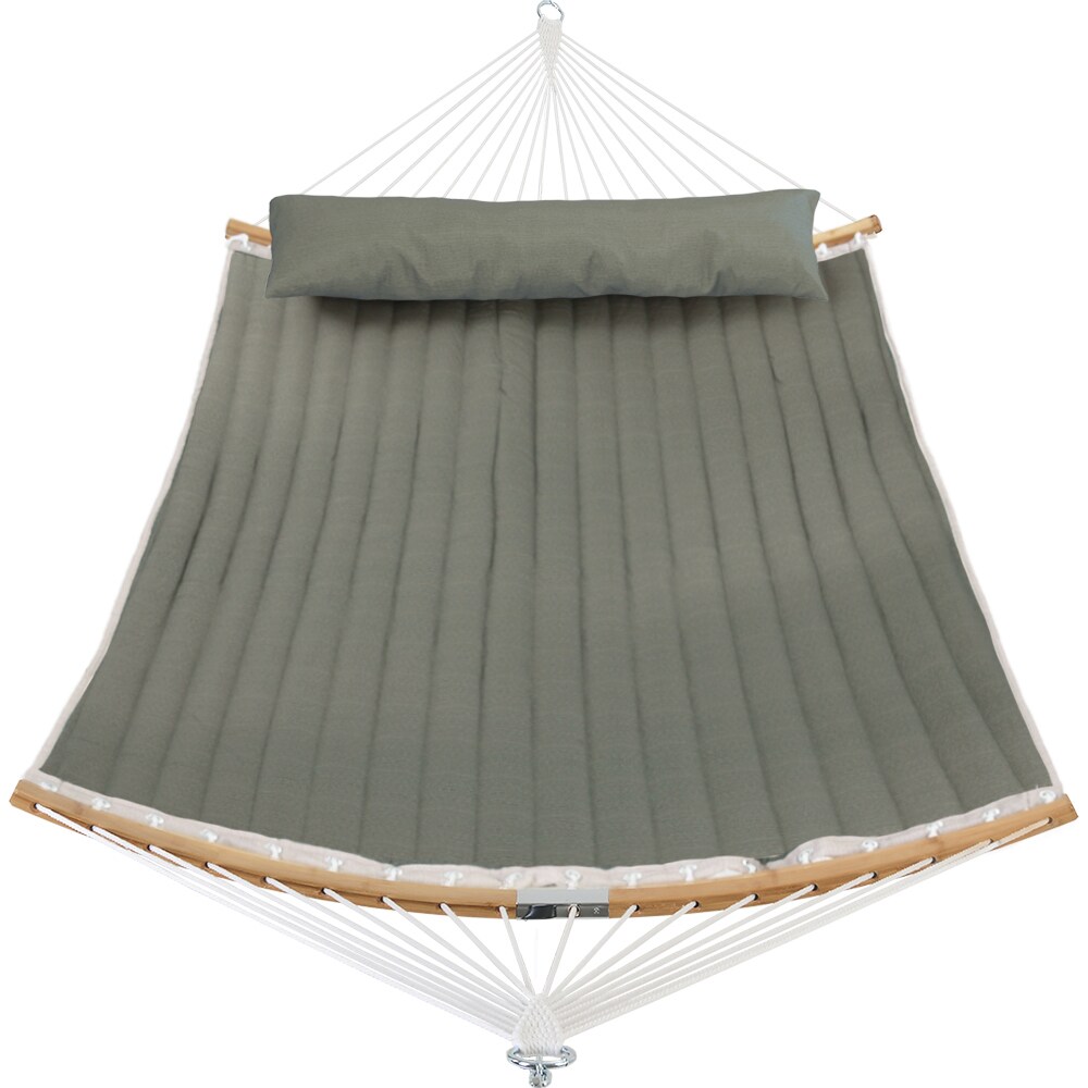 Quilted Fabric Hammock Pillow Double Bamboo Wood Spreader Bars Dark Green 11 Ft 