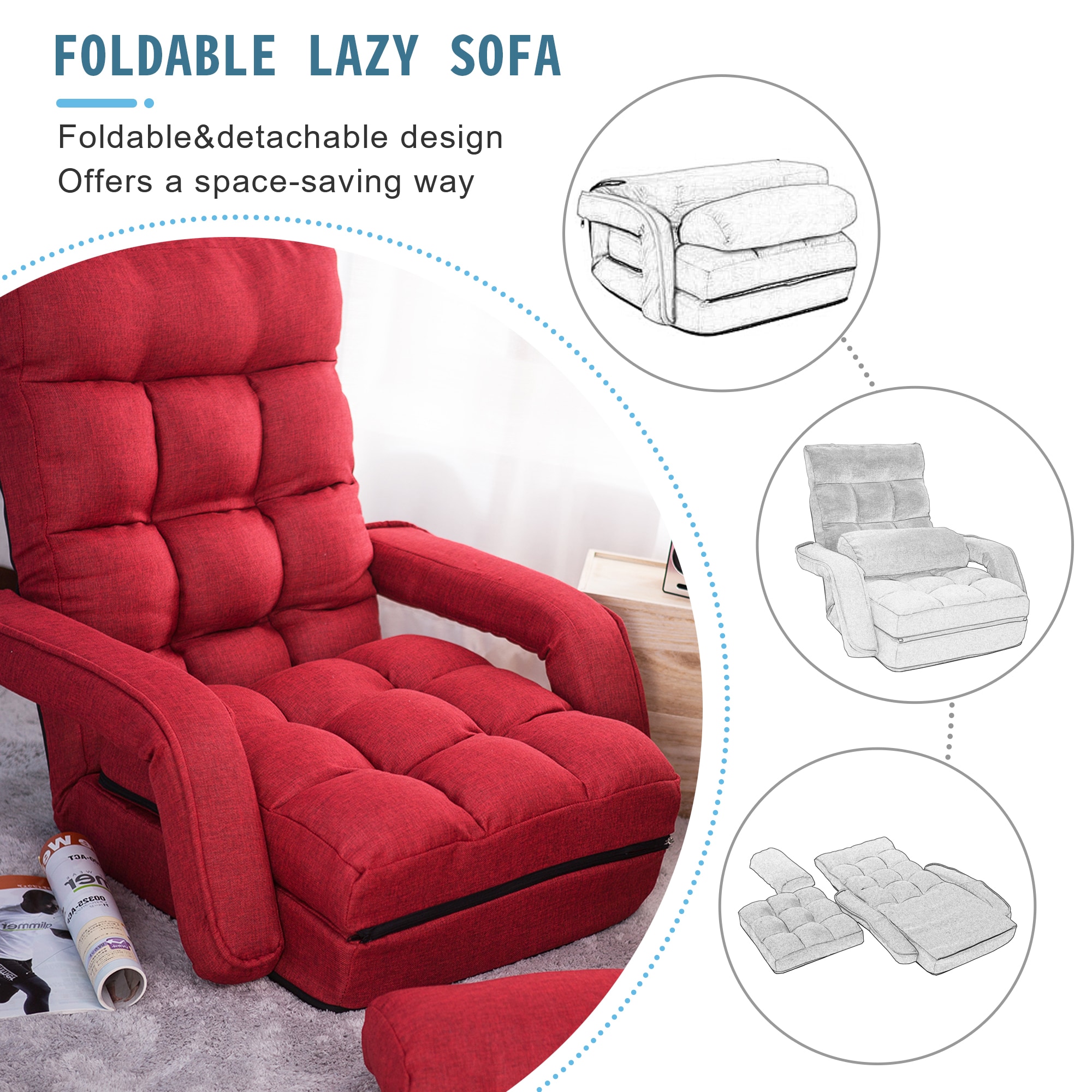 Adjustable Folding Lazy Floor Chair Sofa Lounger Bed with Armrests and a Pillow 