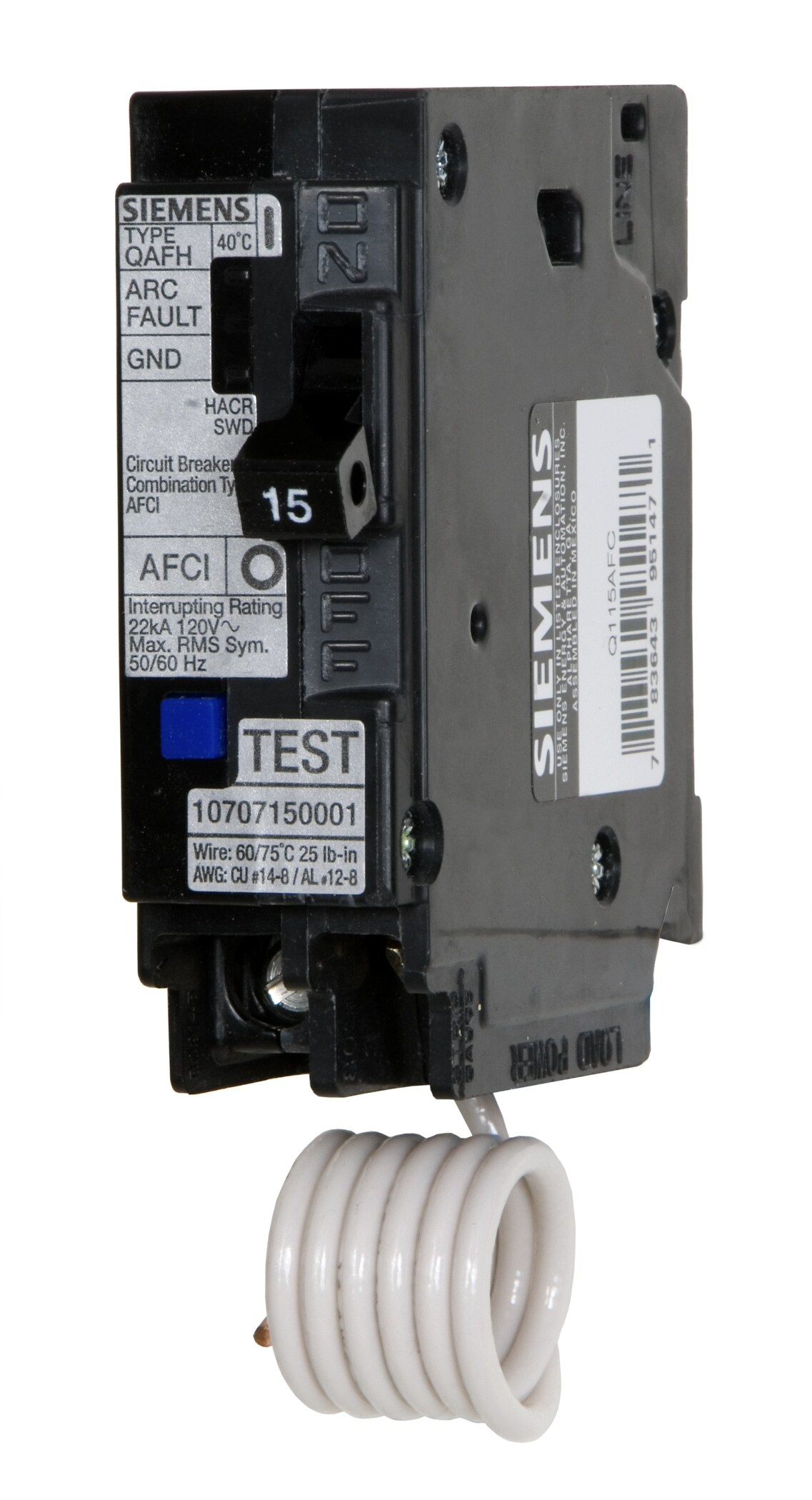 Siemens QA115AFCN 15 Amp 1-Pole Combination Type AFCI Plug-On Neutral Circuit Breaker Black
