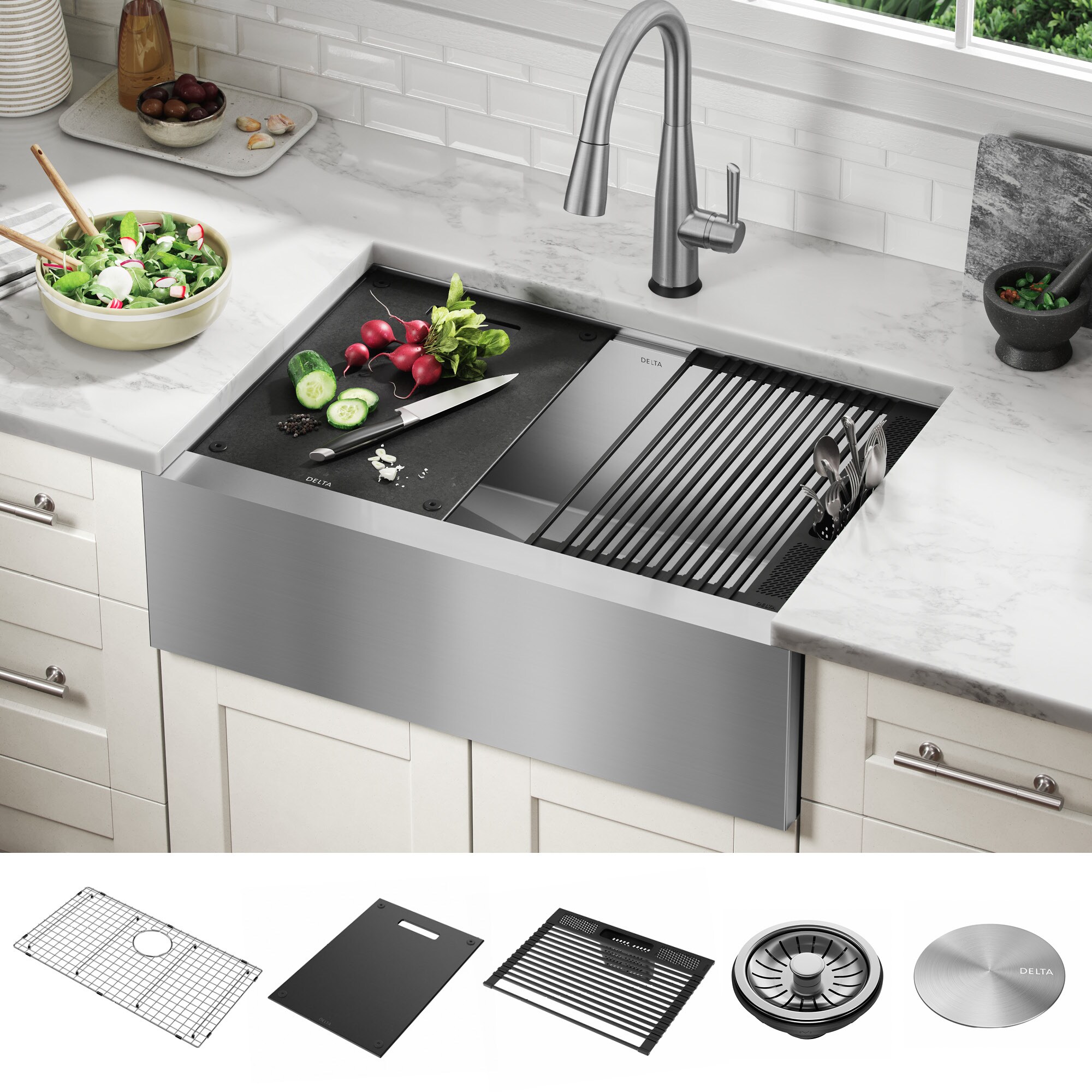 Delta Rivet Farmhouse Apron Front 25 in x 25.25 in Stainless Steel Single  Bowl Workstation Kitchen Sink with Drainboard