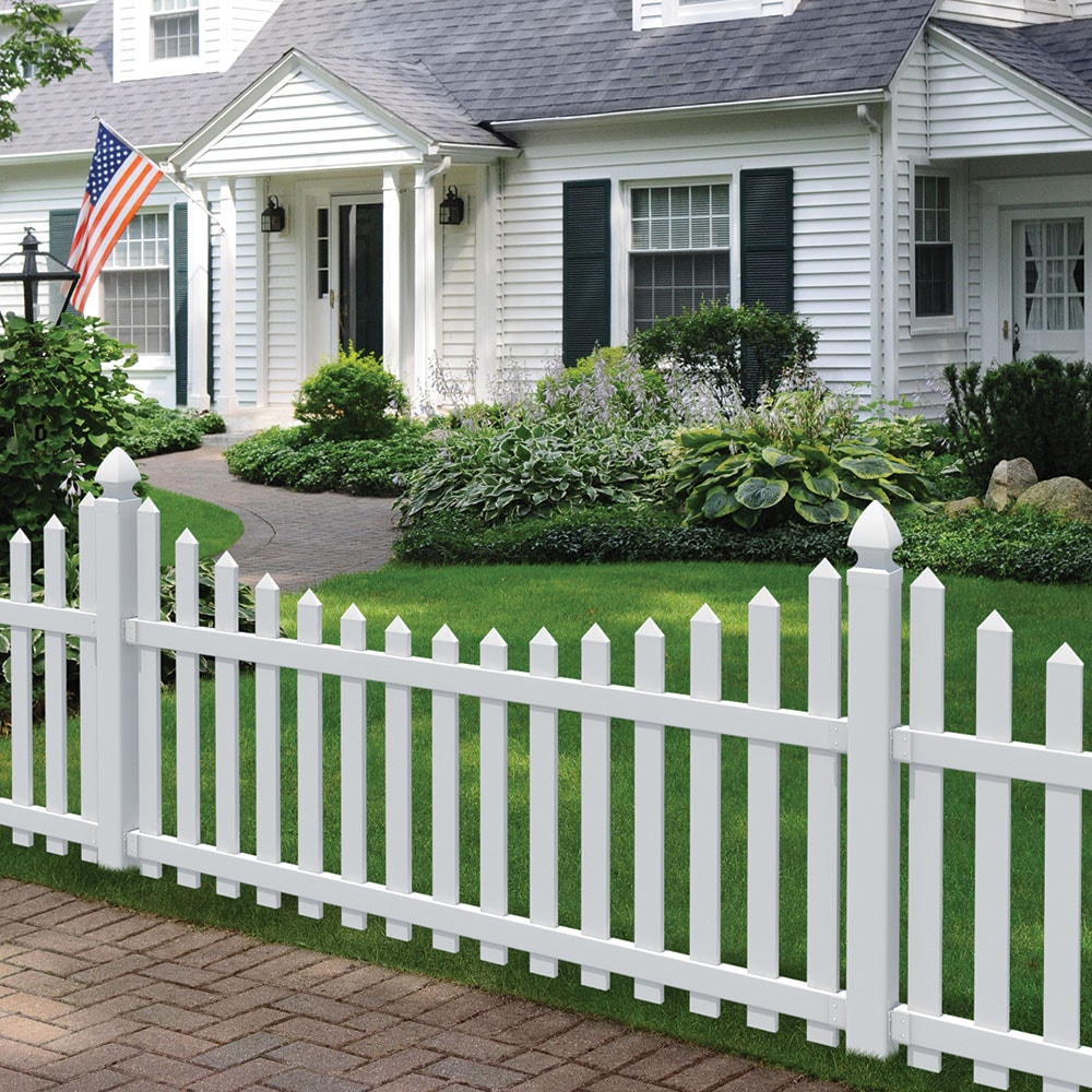 Outdoor Essentials Yorktown 4-ft H x 8-ft W White Vinyl Spaced Picket Scallop Standard Fence Panel at Lowes.com
