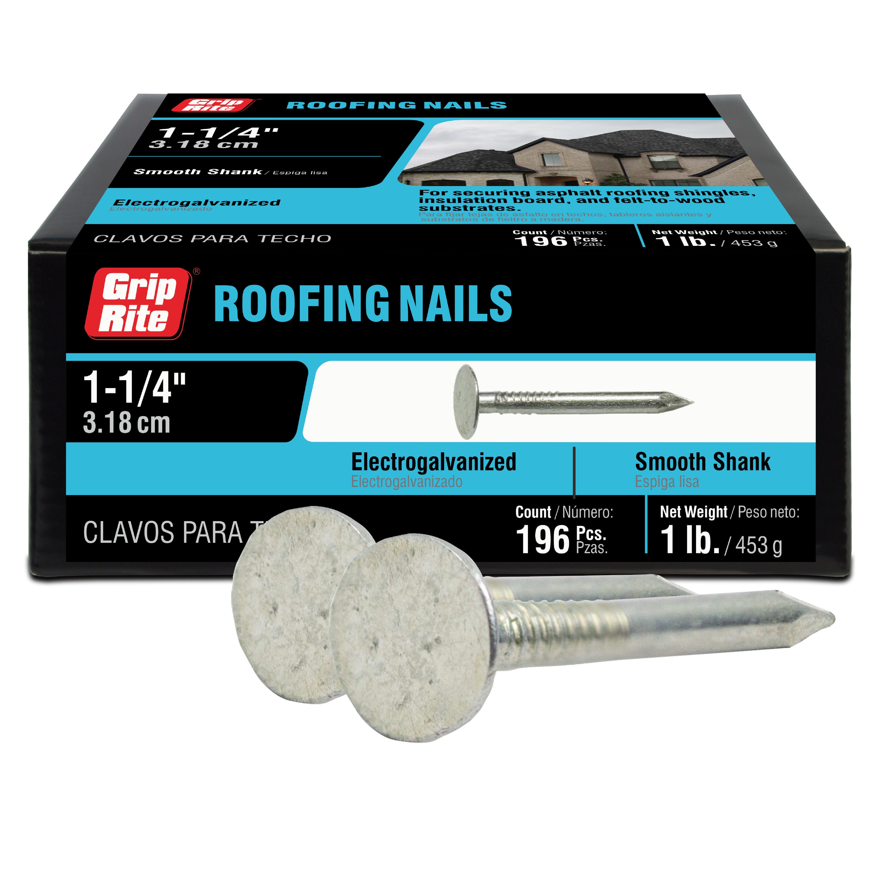 Grip-Rite Roofing Nails Electro-Galvanized Steel 11 x 1-1//4/" 5 Lbs-Pack