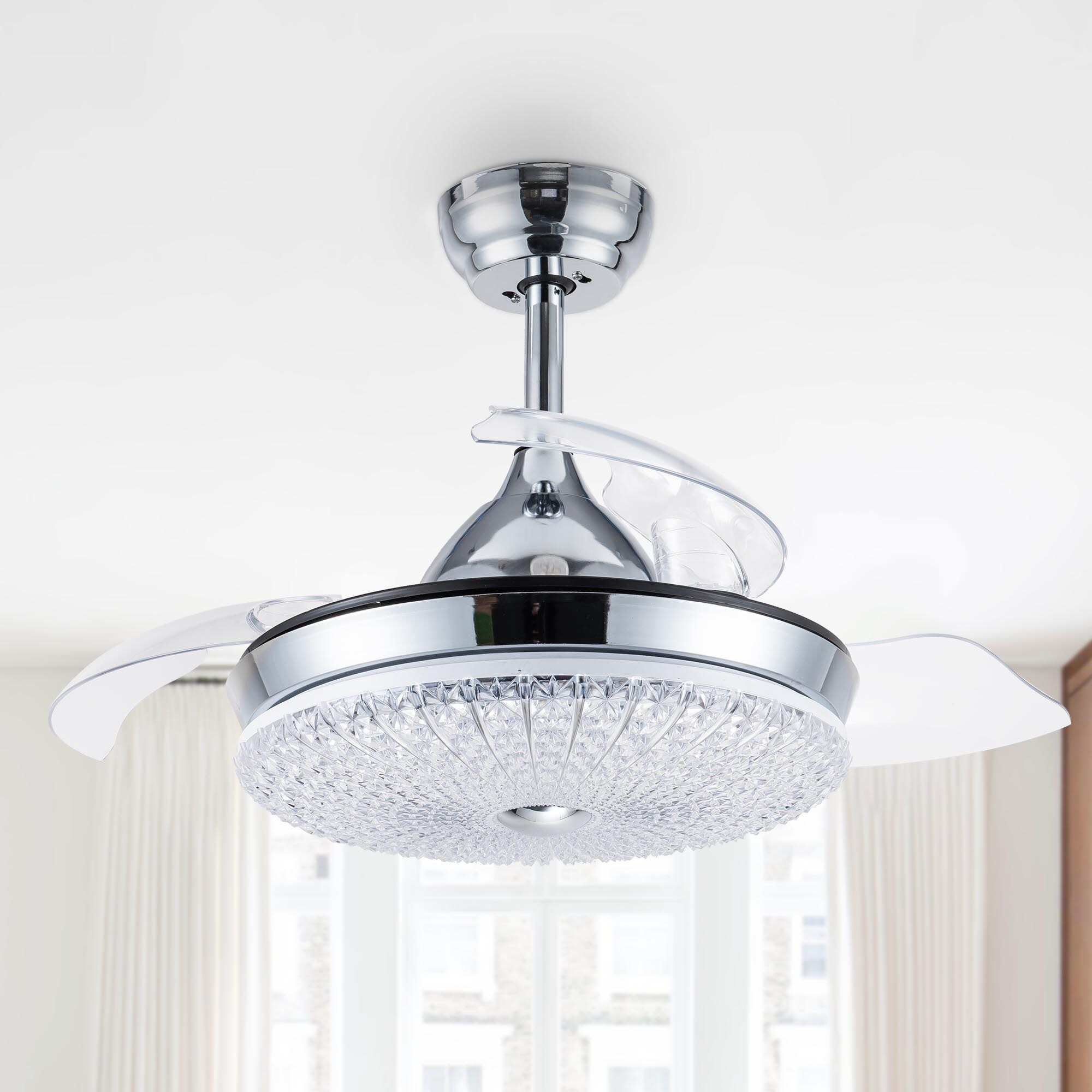 Retractable 36" Crystal LED Ceiling Fan Light Chandelier Light Remote Control 