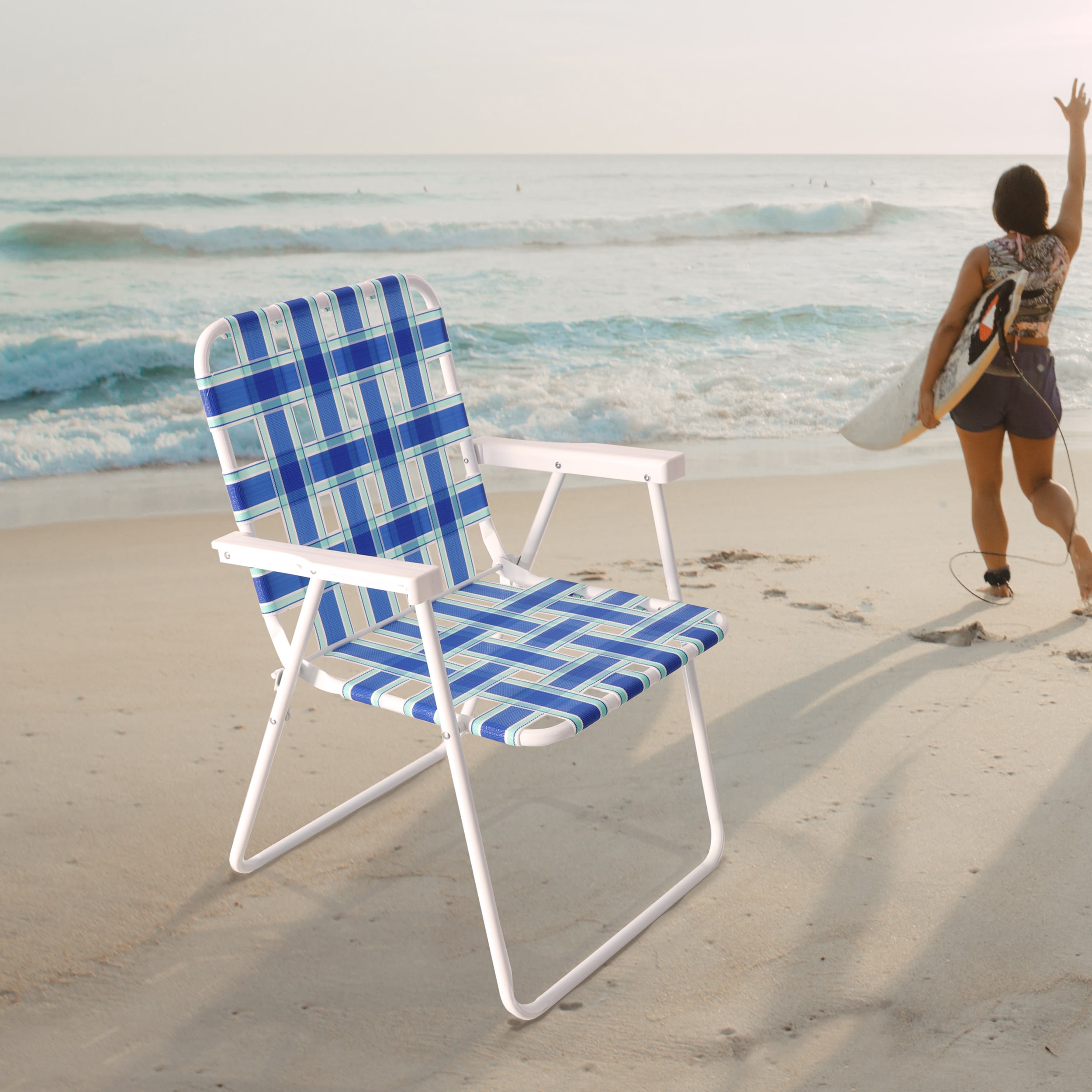 Folding mesh Back Design Brace Master Beach Chair Camping Chair with a Pillow for Beach Camping Lawn Navy Blue 