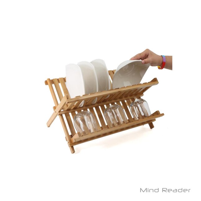 Mind Reader Wooden Dish Rack Plate Rack Collapsible Dish Drying Rack Bamboo Dish Drainer DDRACKBM-BRN 