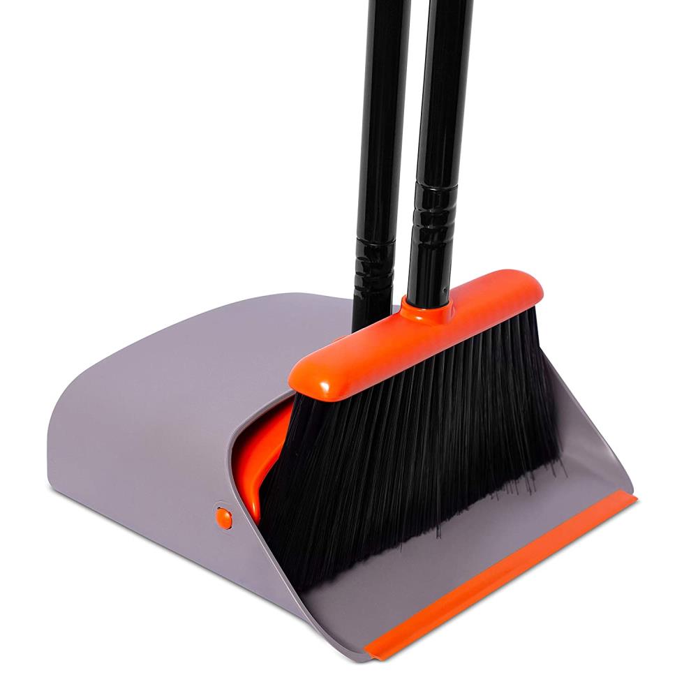 Broom and Dustpan Set Self Cleaning with Dustpan Teeth Standing Dust Pan for Home Kitchen Easy Assembly Orange Upright Dustpan and Broom Combo Set 