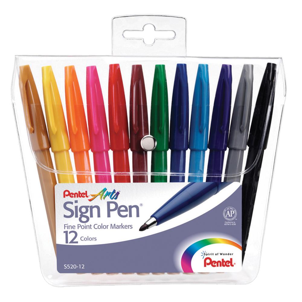Pentel Sign Pen S520 Fine Point Fibre Tip Pen 1 Each Black Blue & Red 
