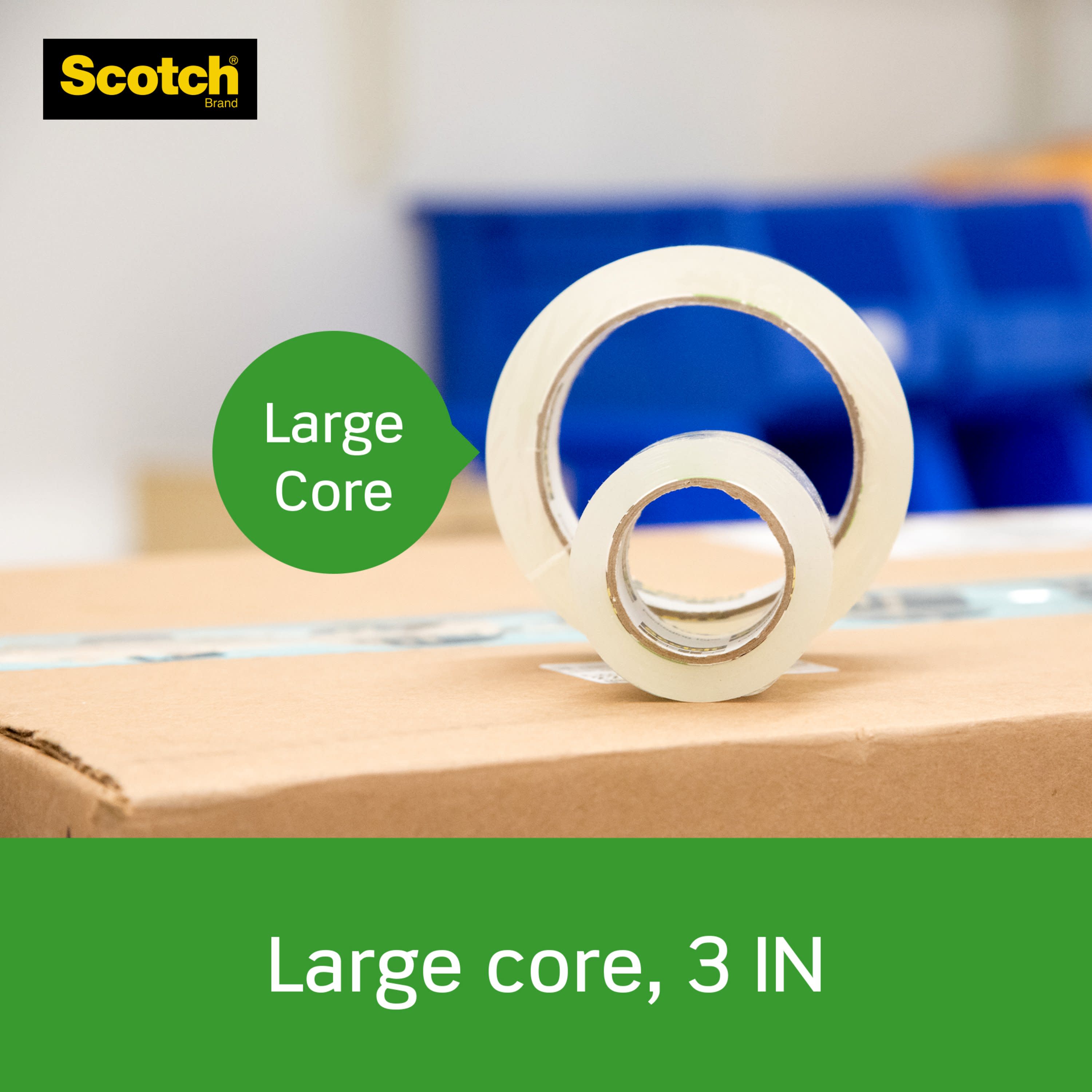 1.88 in Tough Grip on All Box Types Including Boxes Made with 100% Recycled fibers 6 Rolls with Dispenser per Pack 1.5 in Core x 22.2 yd 2 Pack Scotch Tough Grip Moving Packaging Tape 150-6