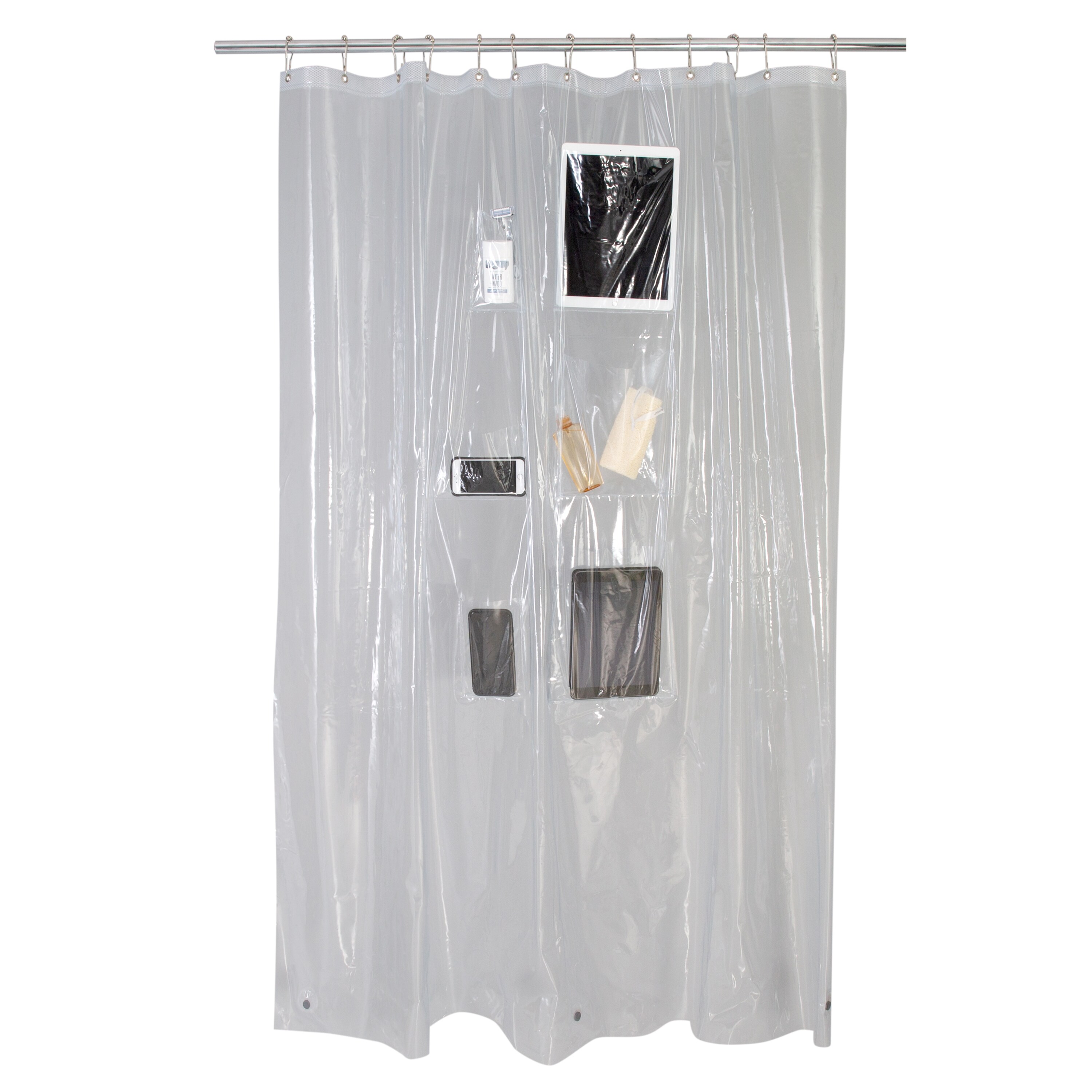 Size 70"... "Pockets" peva shower curtain or liner with 9 mesh storage pockets 