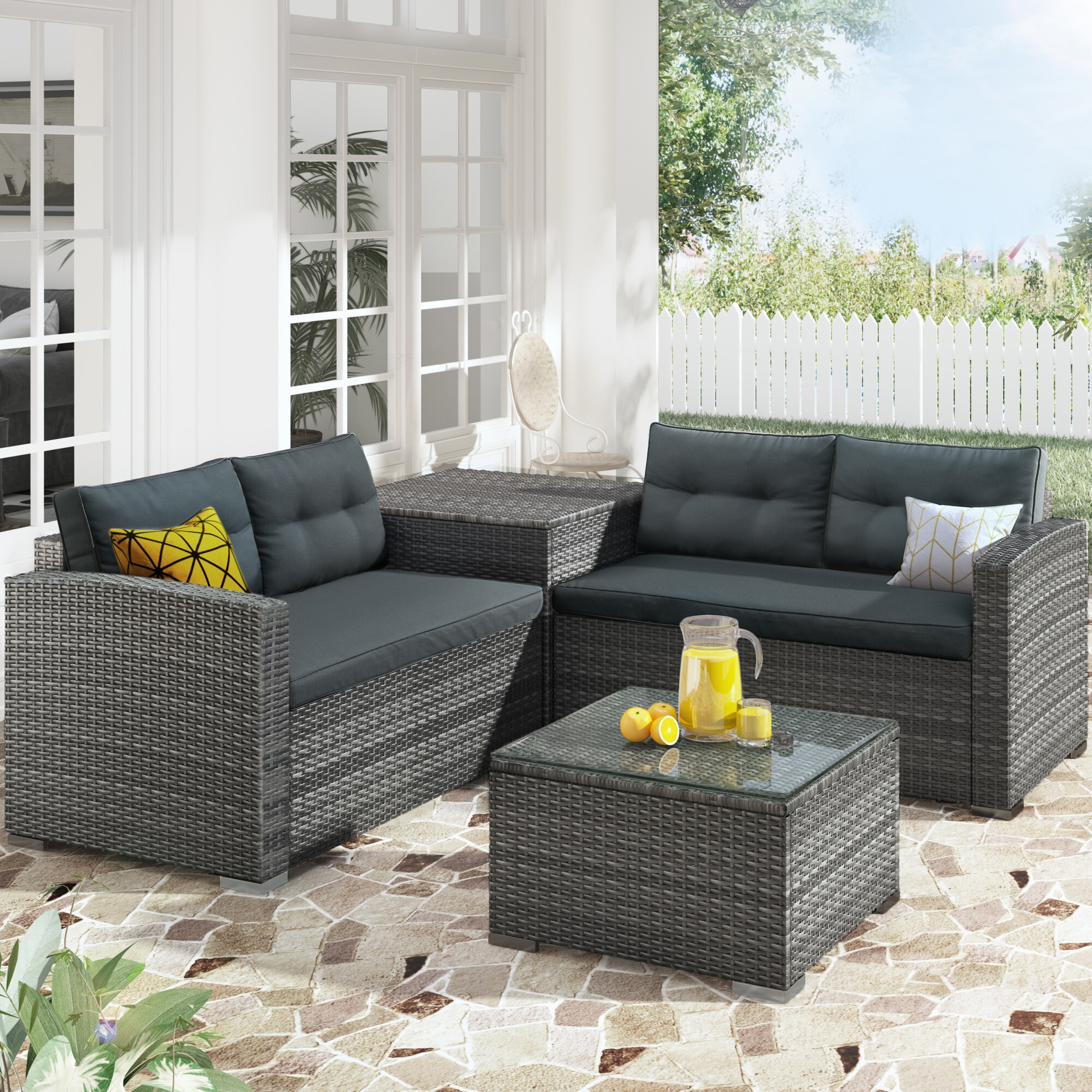 and Glass Coffee Table Best Choice Products 4-Piece Patio Metal Conversation Furniture Set w/Loveseat Gray 2 Chairs 