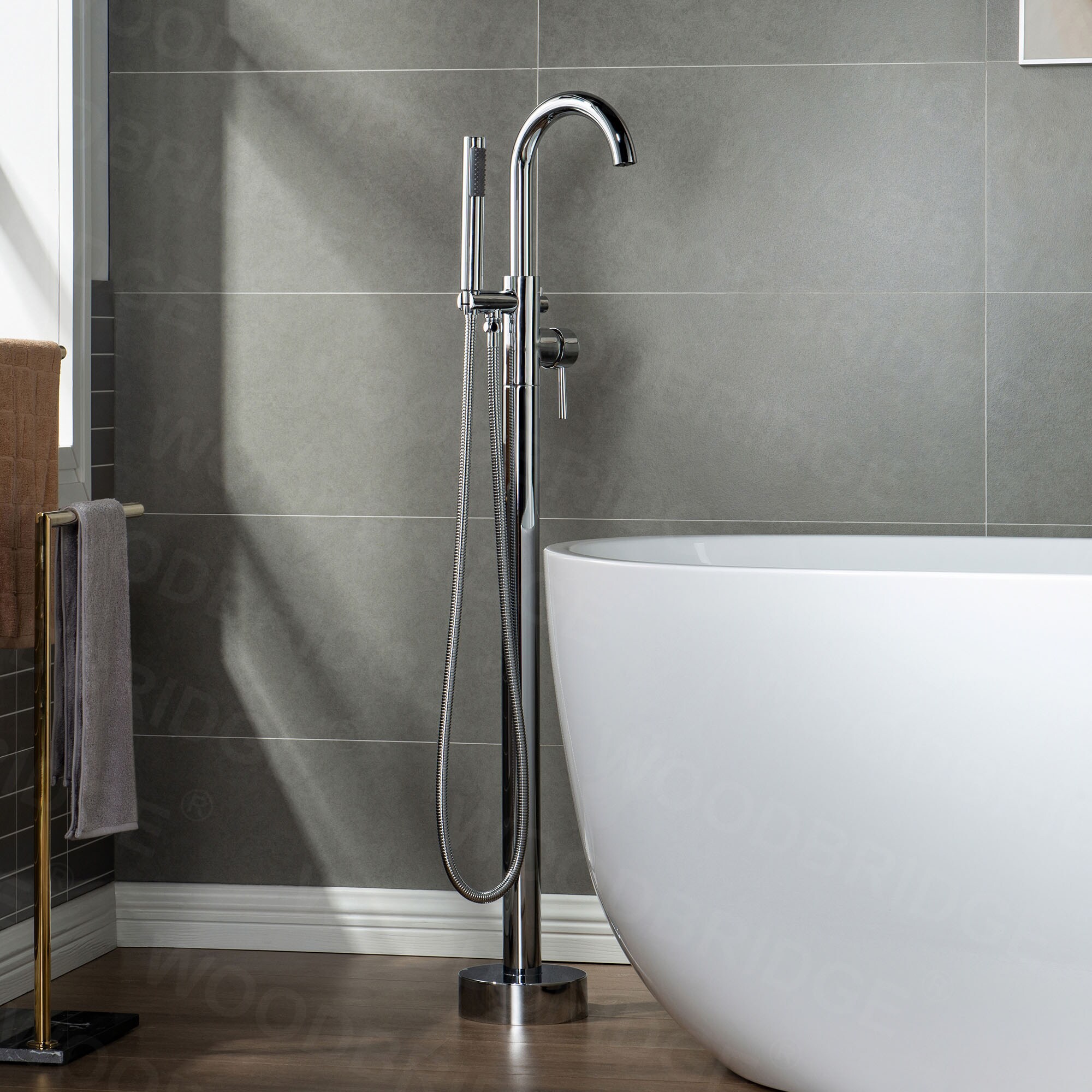 Floor Mounted LED Bathtub Faucet Free Standing Tub Filler Tap W/Handheld Shower 