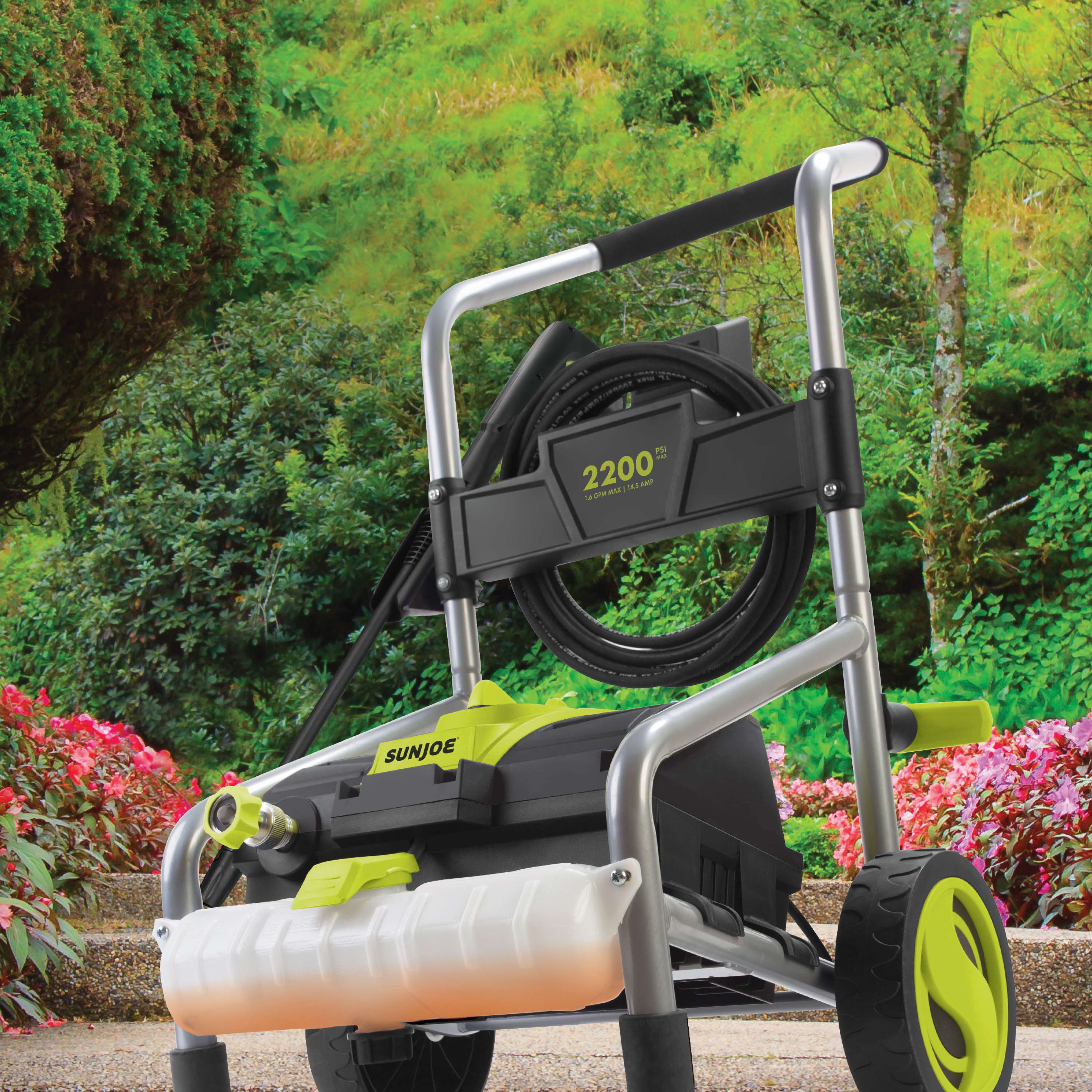 Sun Joe SPX3220 2200-PSI Max 1.65-GPM Max Follow-Along 4-Wheeled Electric Pressure Washer w/ Pressure-Select High-Low Technology Onboard Soap Tank 5-Quick Connect Nozzles 