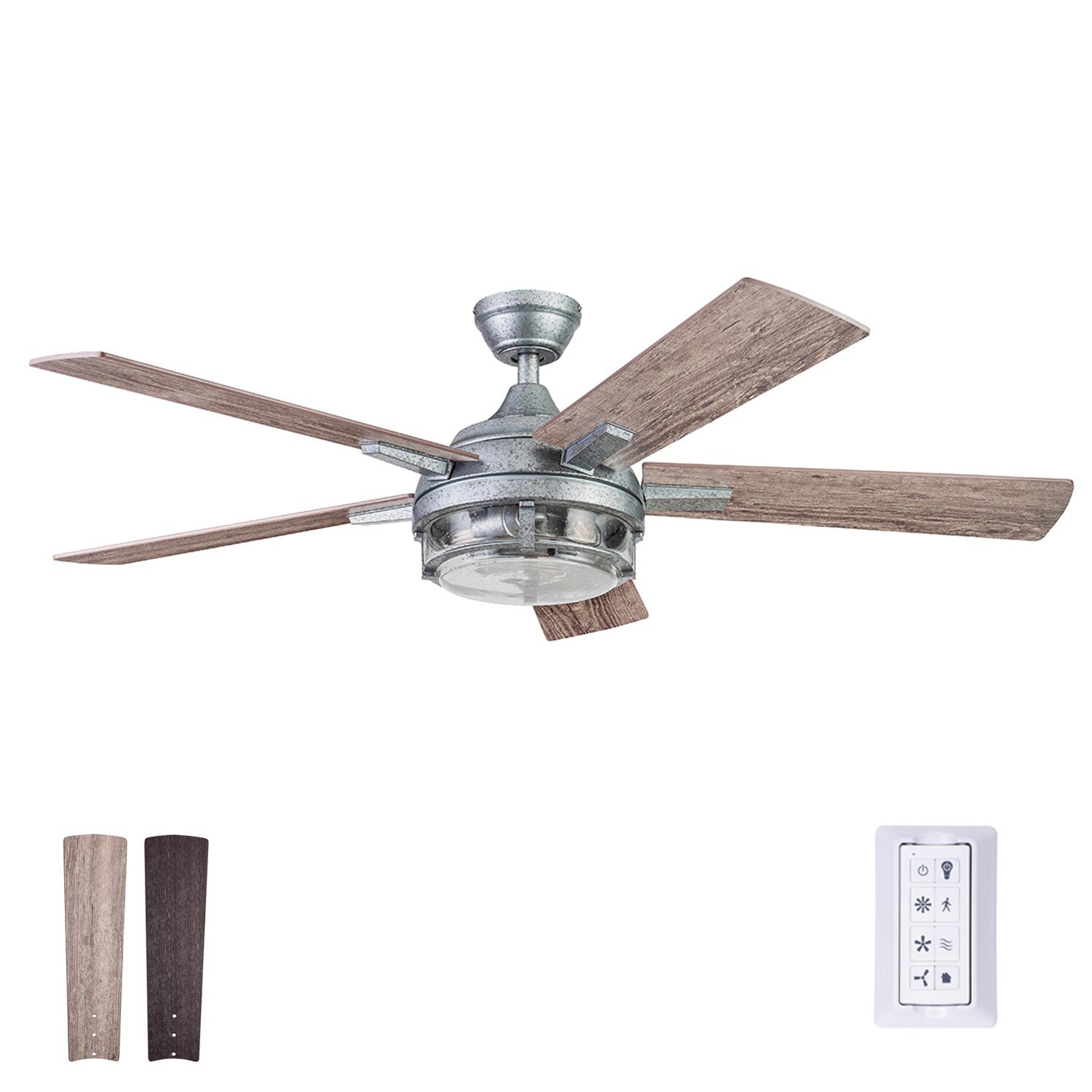 Ceiling Fan 52in LED Light Kit Galvanized Iron Silver Blades 3 Speed Reversible 