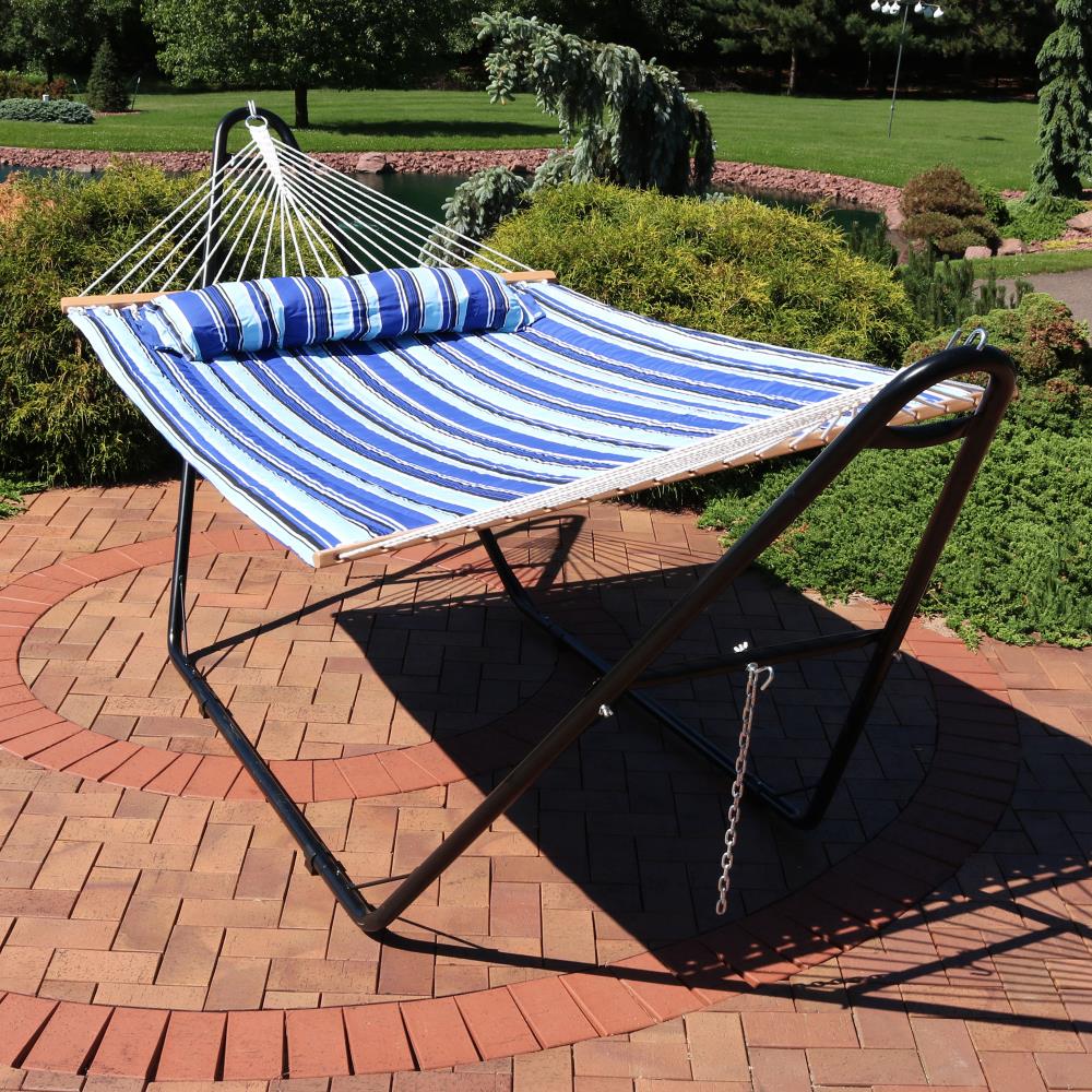 Hardwood Spreader Bars Blue Pattern Perfect for Outdoor Patio Yard Beach Heavy Duty 450-Pound Weight Capacity Prime Garden Double Quilted Fabric Hammock with Pillow