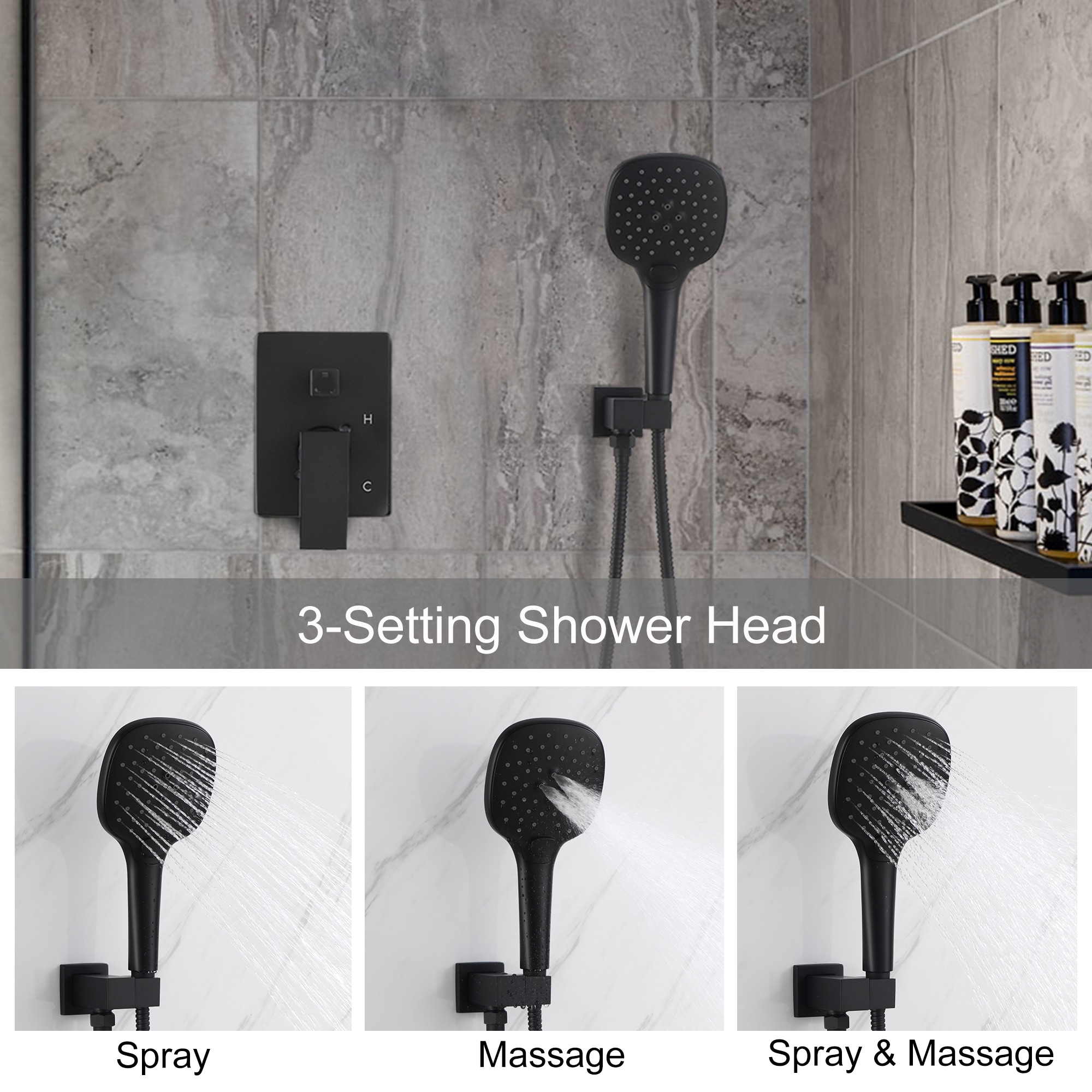 Mondawe Matte Black Dual Head Waterfall Built-In Shower System In The ...