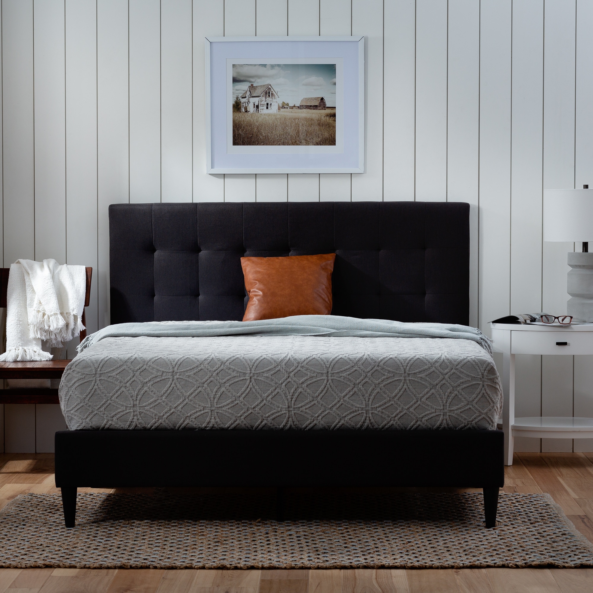 Black Upholstered Queen Size Platform Bed Frame with Headboard Panel Bed Bedroom 