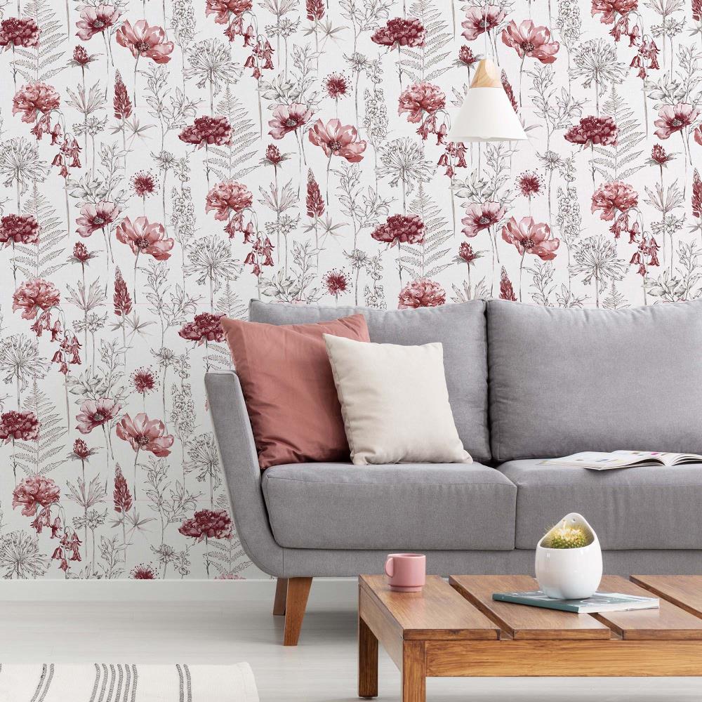 Fresco Floral Sketch Red Removable Wallpaper in the Wallpaper