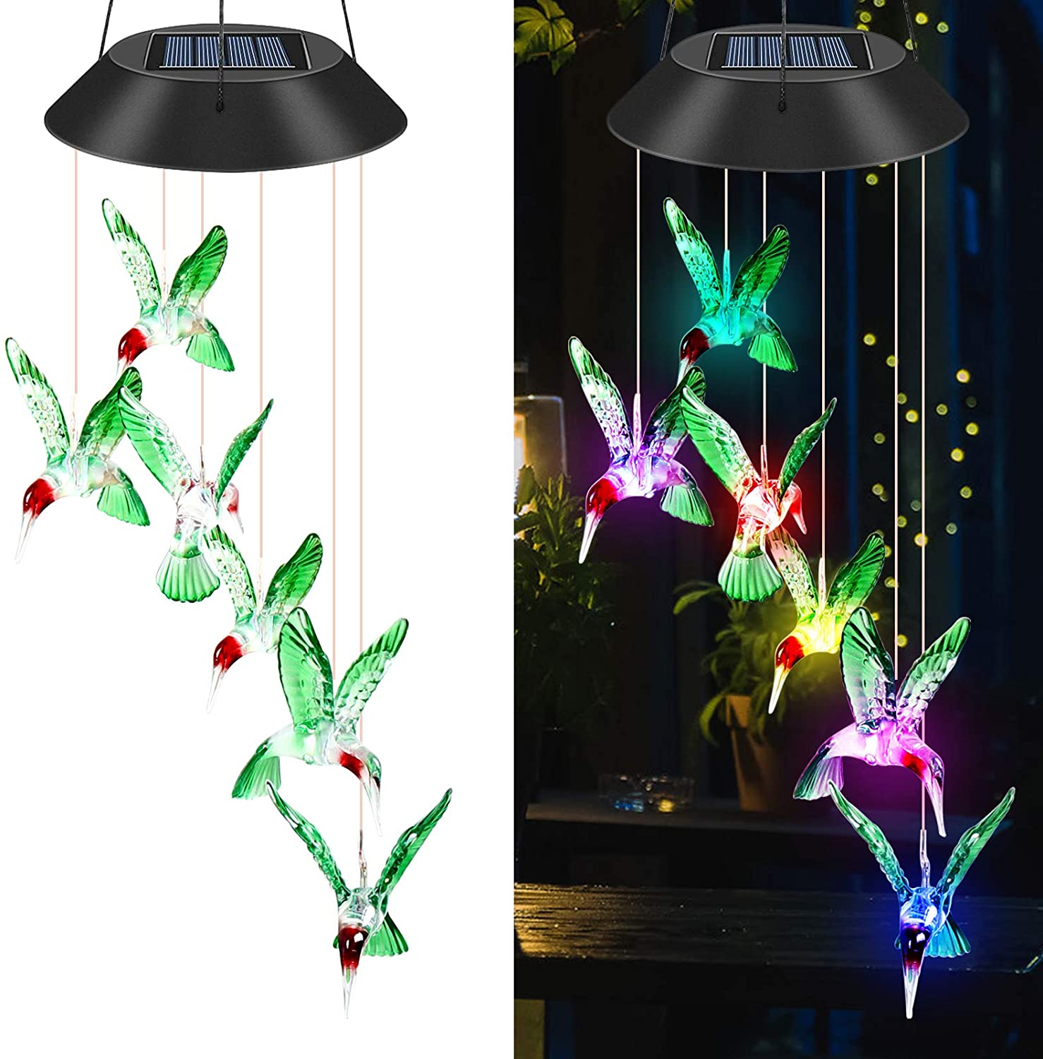 Solar Powered LED Hummingbird Wind Chime Color-Changing Light Yard Garden Decor