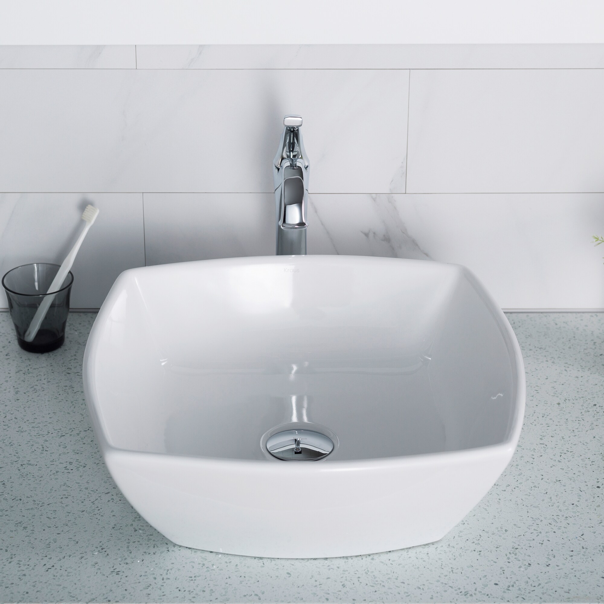 Kraus Elavo White Ceramic Vessel Square Modern Bathroom Sink (16.5-in x 16.5-in)