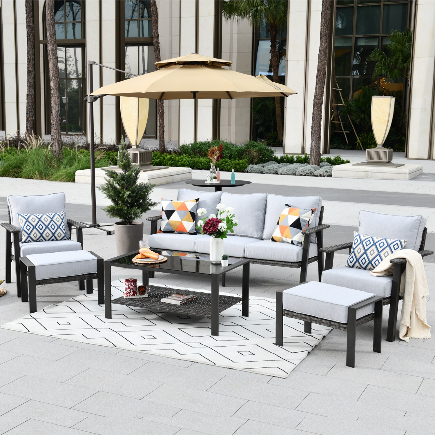 Patiomore 5-Piece Outdoor Patio Sectional Sofa Sets,All Weather Black Brown Wicker Furniture Set with Glass Coffee Table Grey Cushion