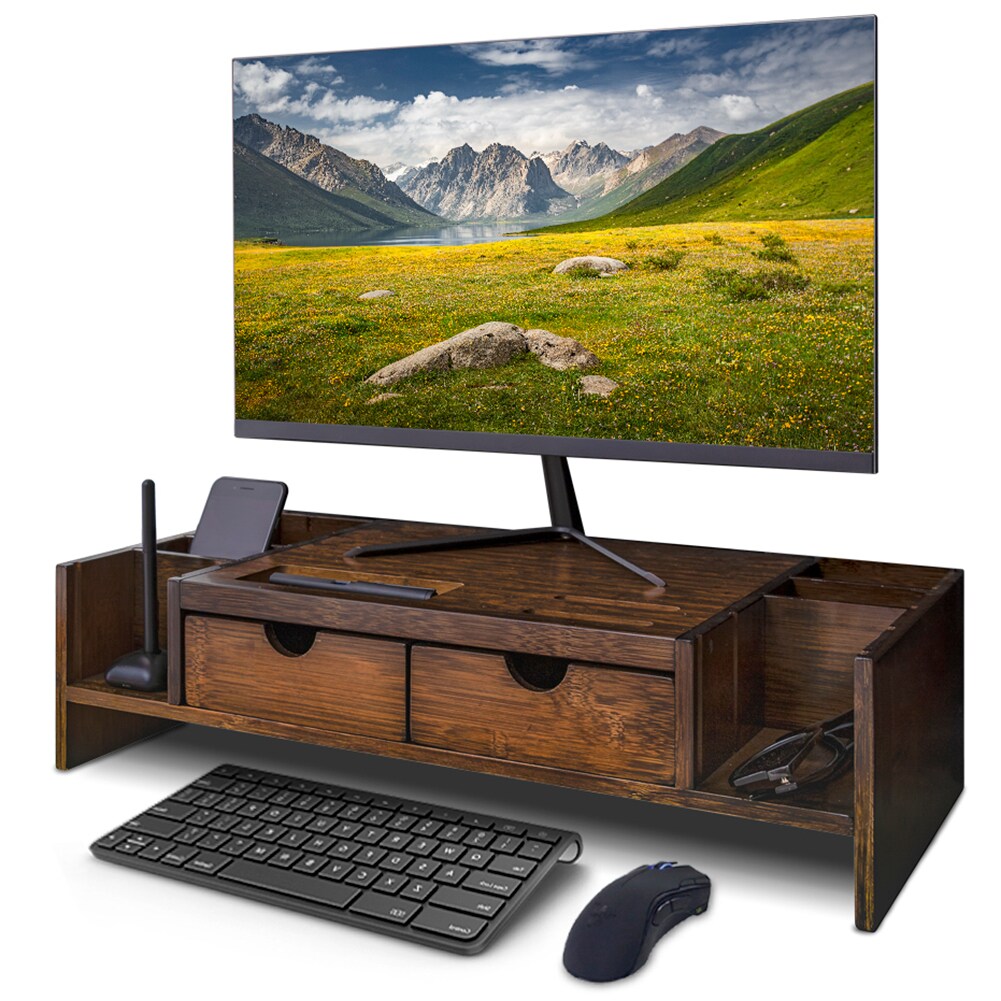 Black Monitor Stand Riser Bamboo Home Office Desktop Laptop Computer TV Holder 