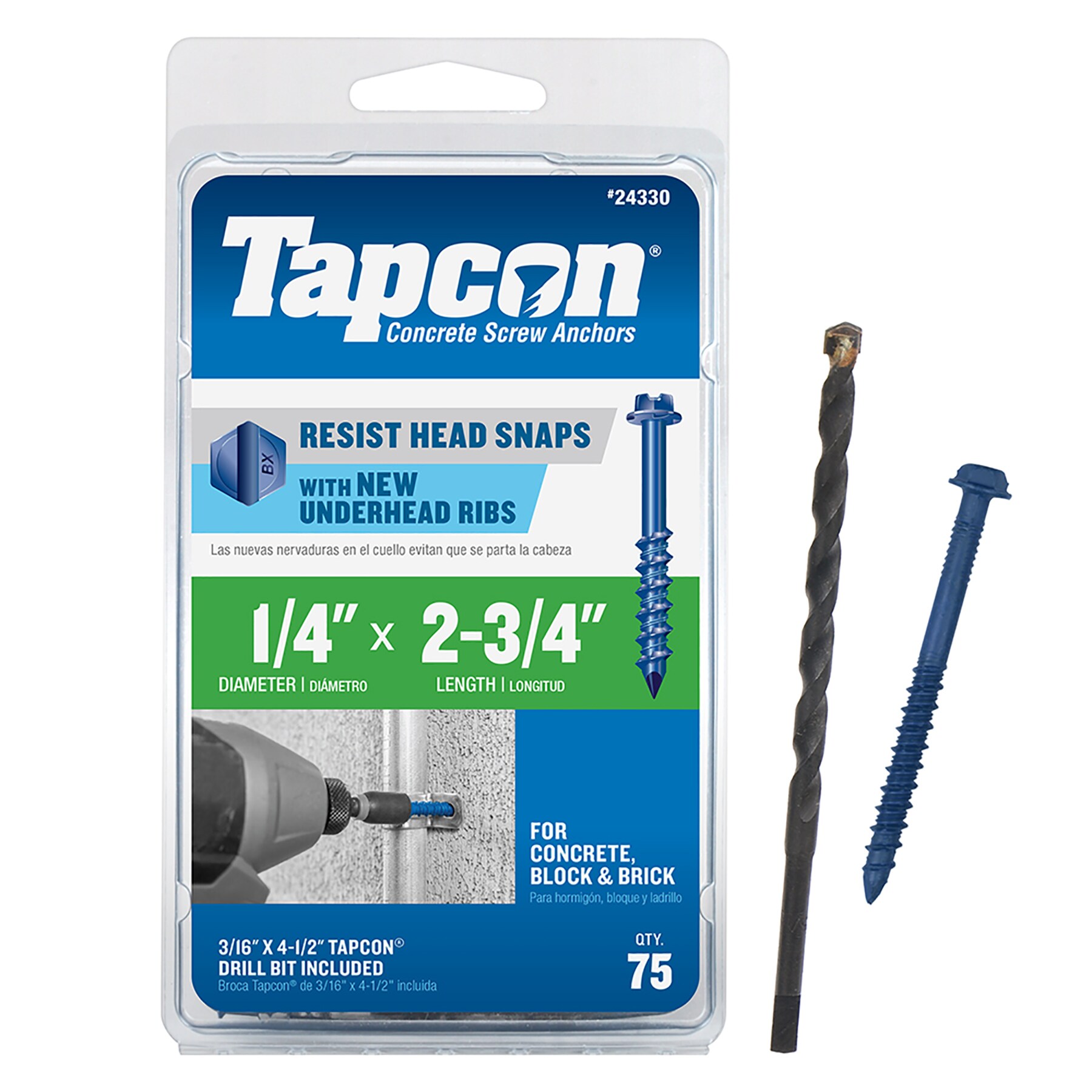1/4" X 2-3/4" Flat Head Concrete Masonry Tapcon Anchor Screw 1000 Pack 