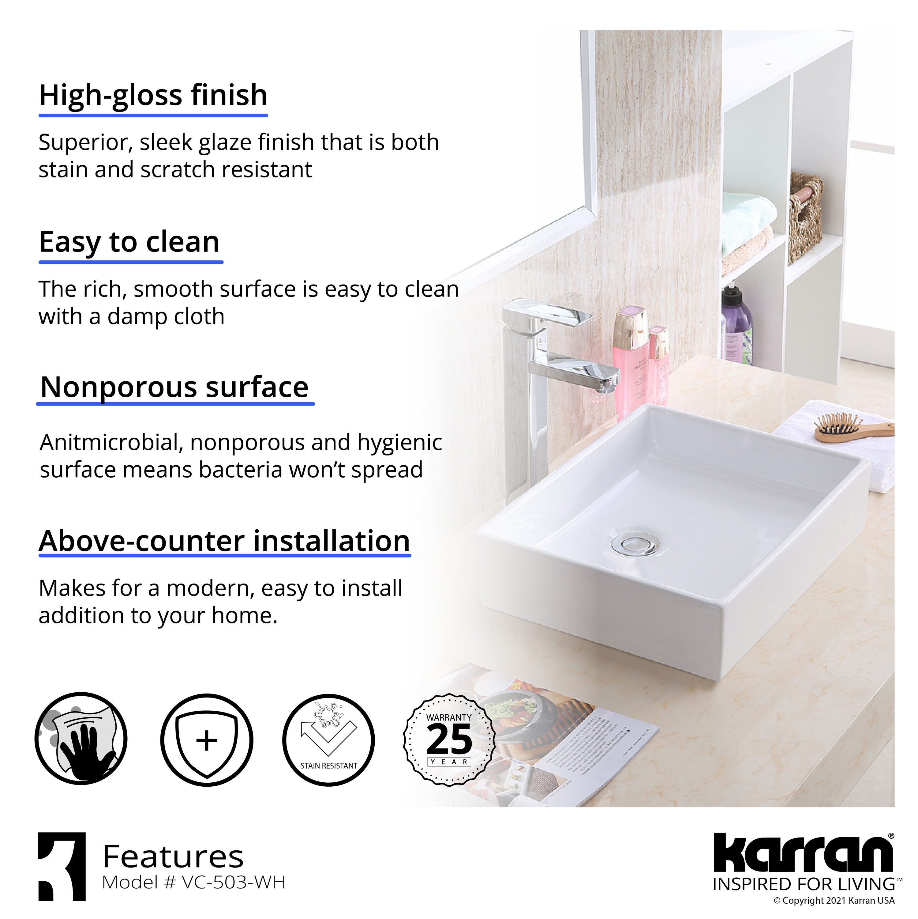 Karran Valera White/Glossy Vessel Rectangular Modern Bathroom Sink (15.5-in x 13-in)