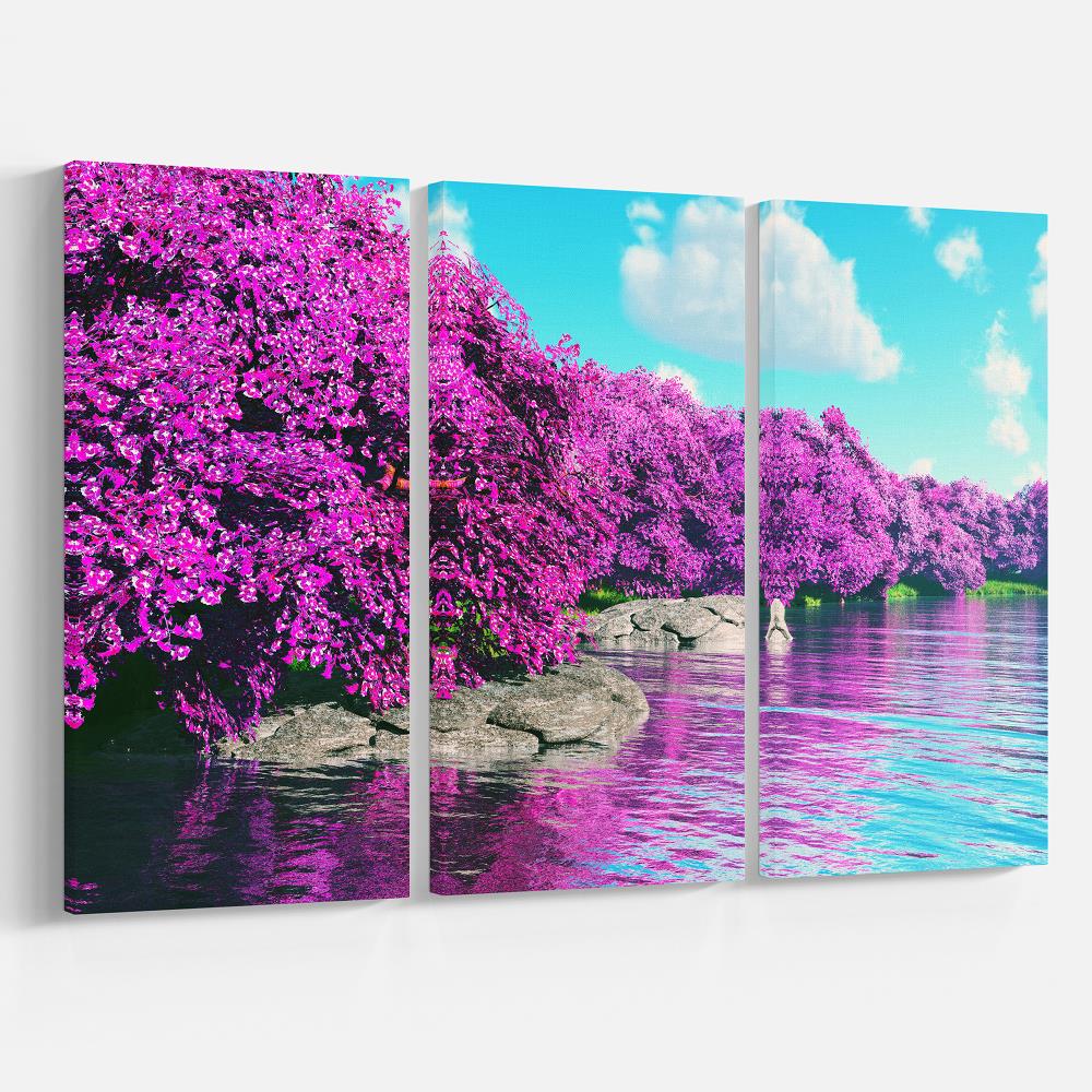 FLORAL WALL CANVAS ART PICTURE PURPLE GREY LANDSCAPE LAKE TREES PANEL 44 x 27" 