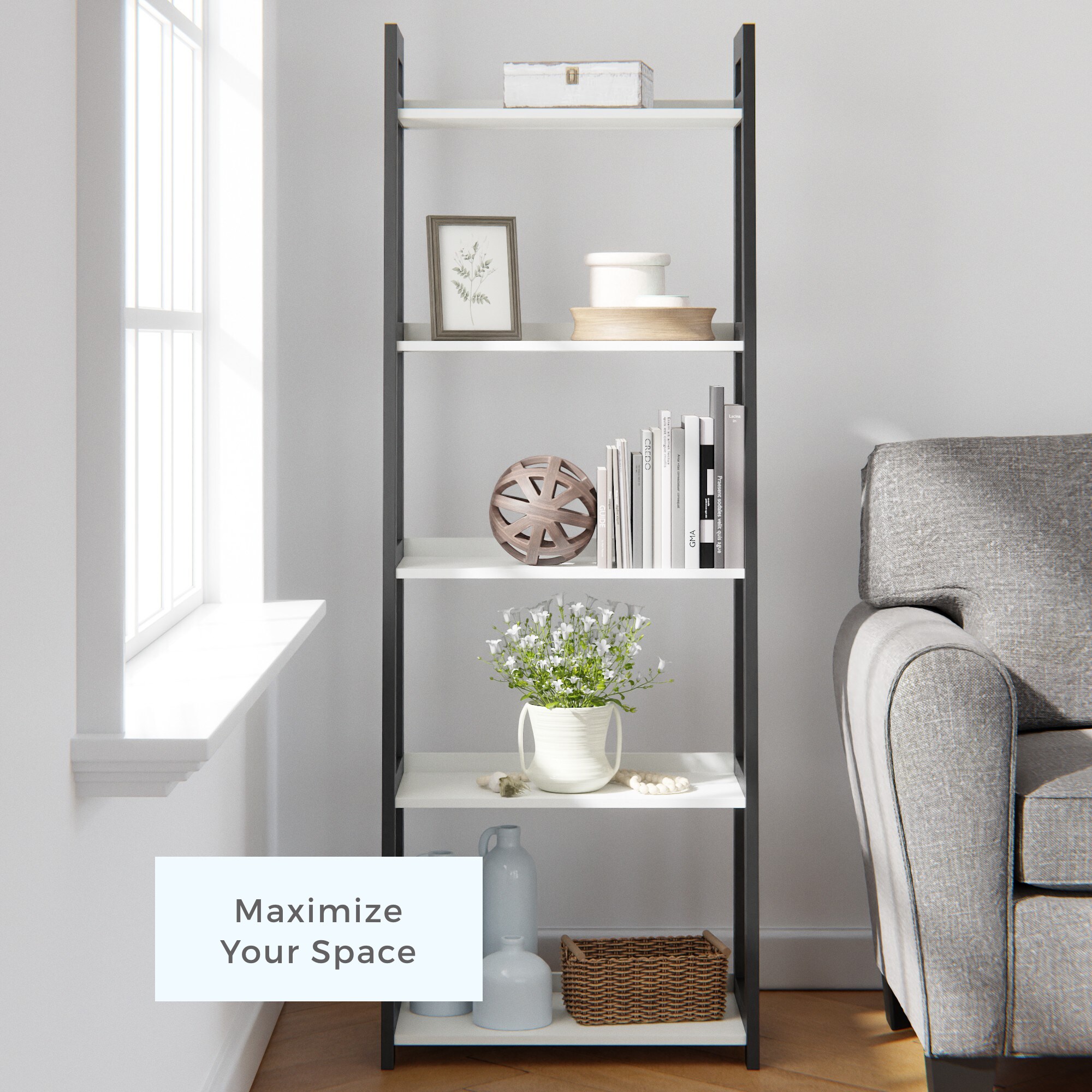 Wood 5-Tier Bookshelf Ladder Shelf Storage Shelf Living Room Furniture Brown US 