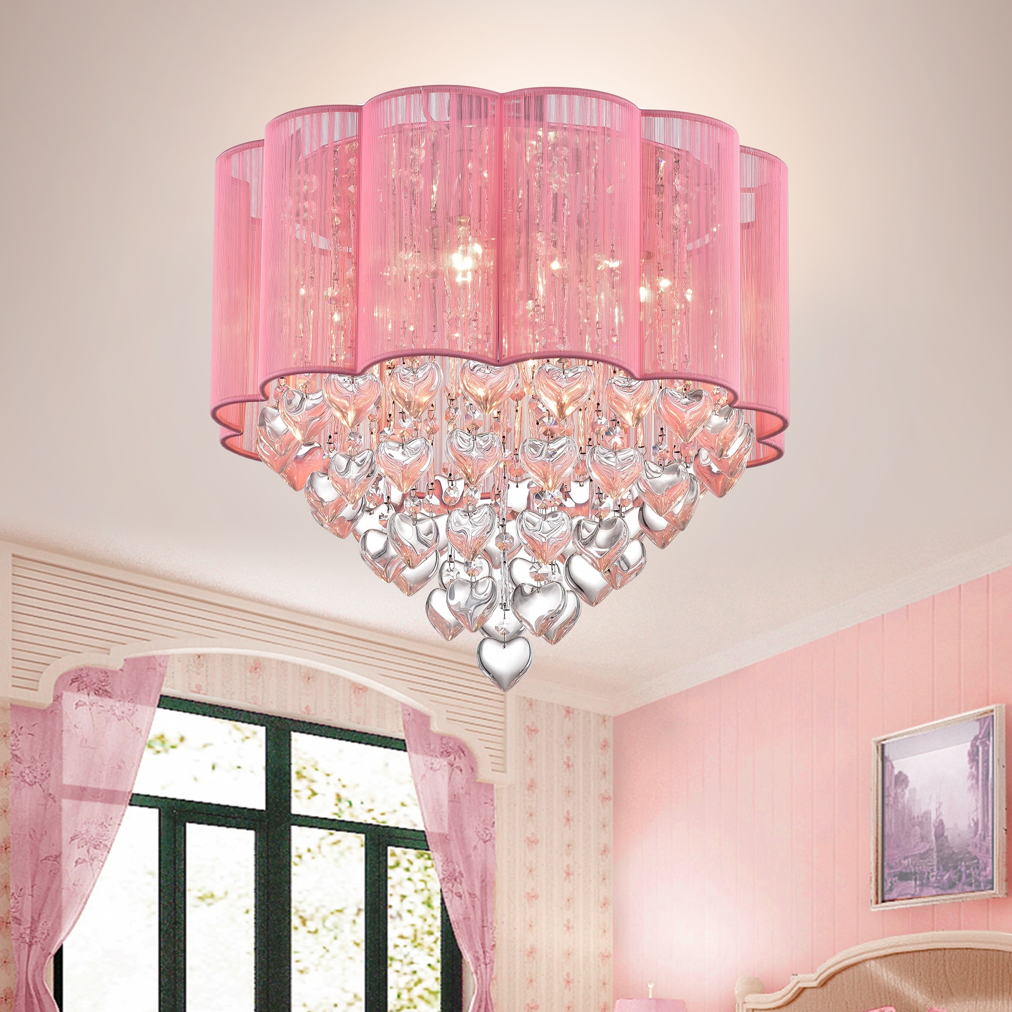 CRYSTAL CHANDELIER CHANDELIERS LIGHTING WITH PINK COLOR CRYSTAL AND SHADES! 