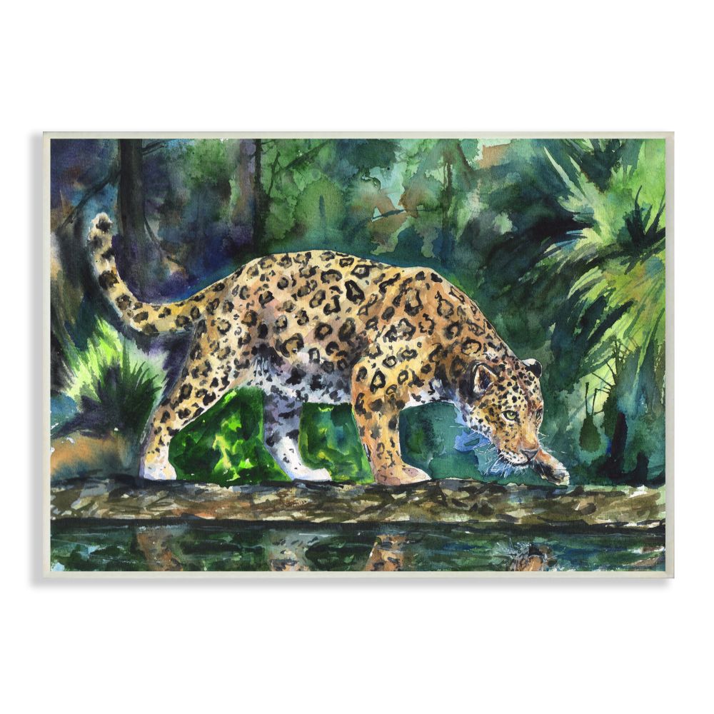 Stupell Industries Jaguar Large Cat Animal Green Watercolor Painting George  Dyachenko 15-in H x 10-in W Animals Wood Print in the Wall Art department  at 