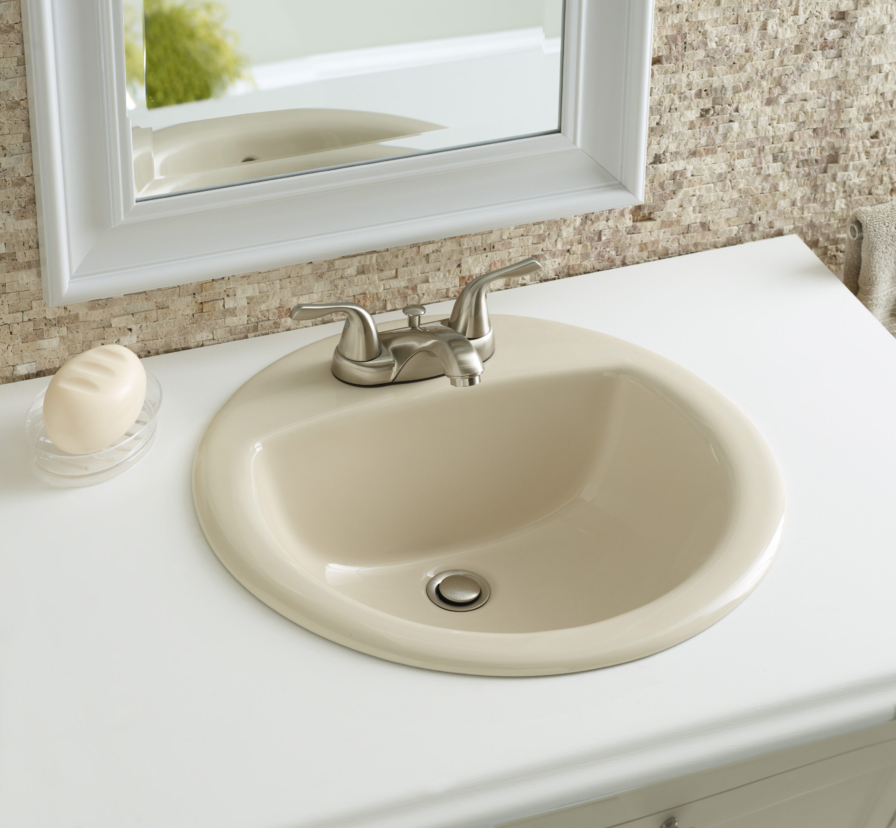 Aquasource Biscuit Drop In Round Bathroom Sink With Overflow In The