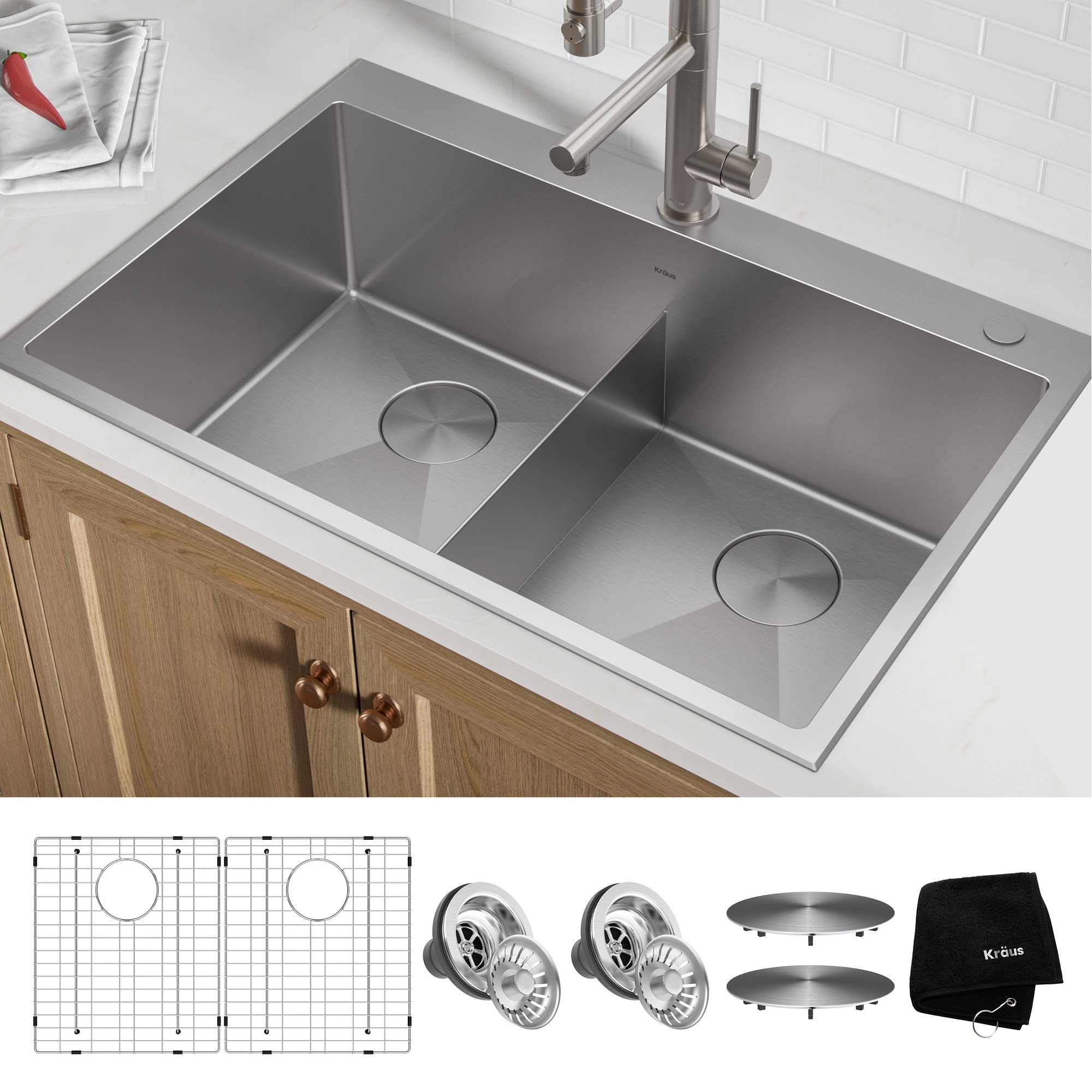 33" x 22" x 9" Stainless Steel Top Mount Kitchen Sink Dual Basin w/ Strainer 