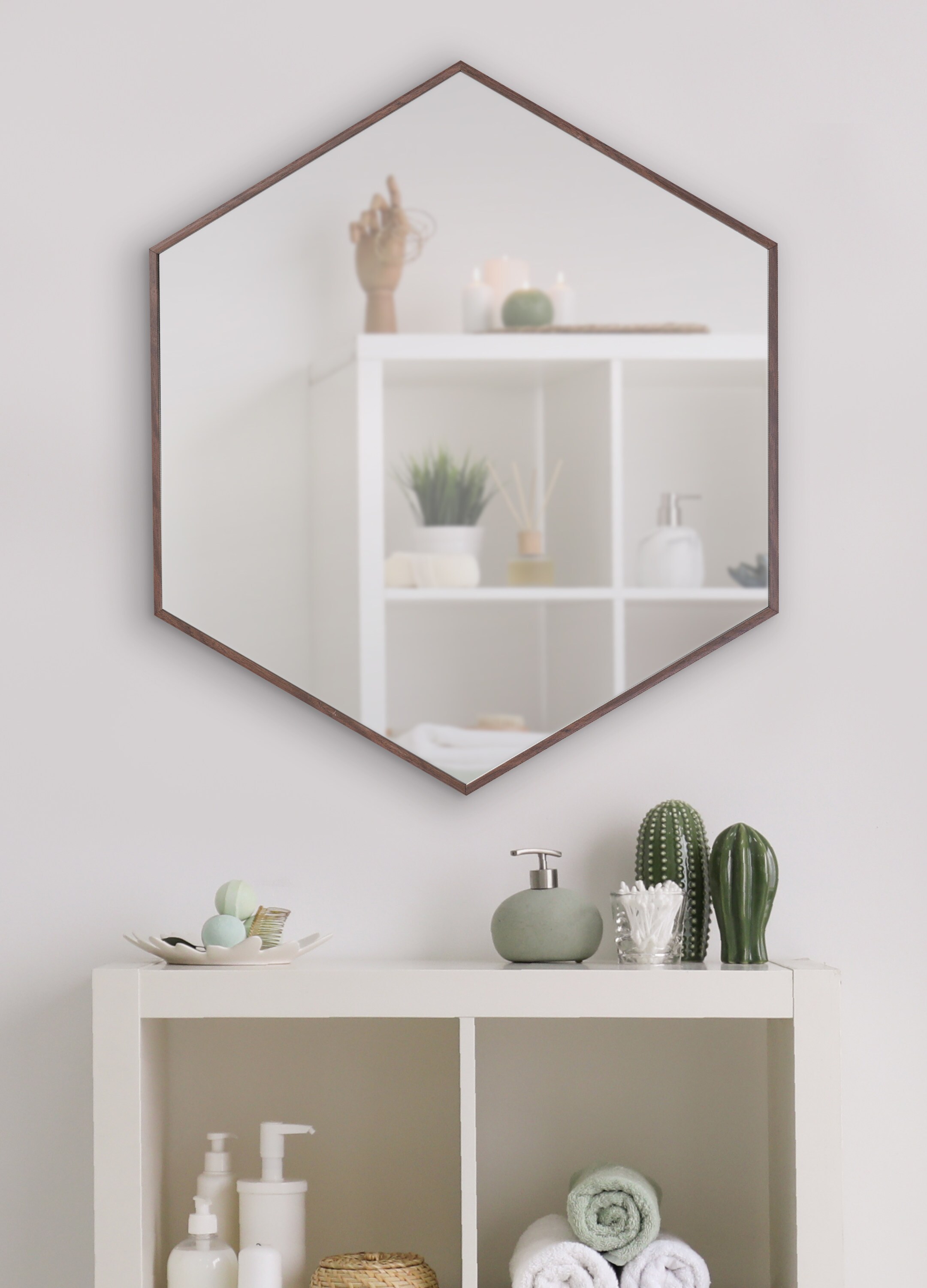 Kate and Laurel Rhodes 22-in W x 25-in H Hexagon Walnut Brown Framed Wall Mirror