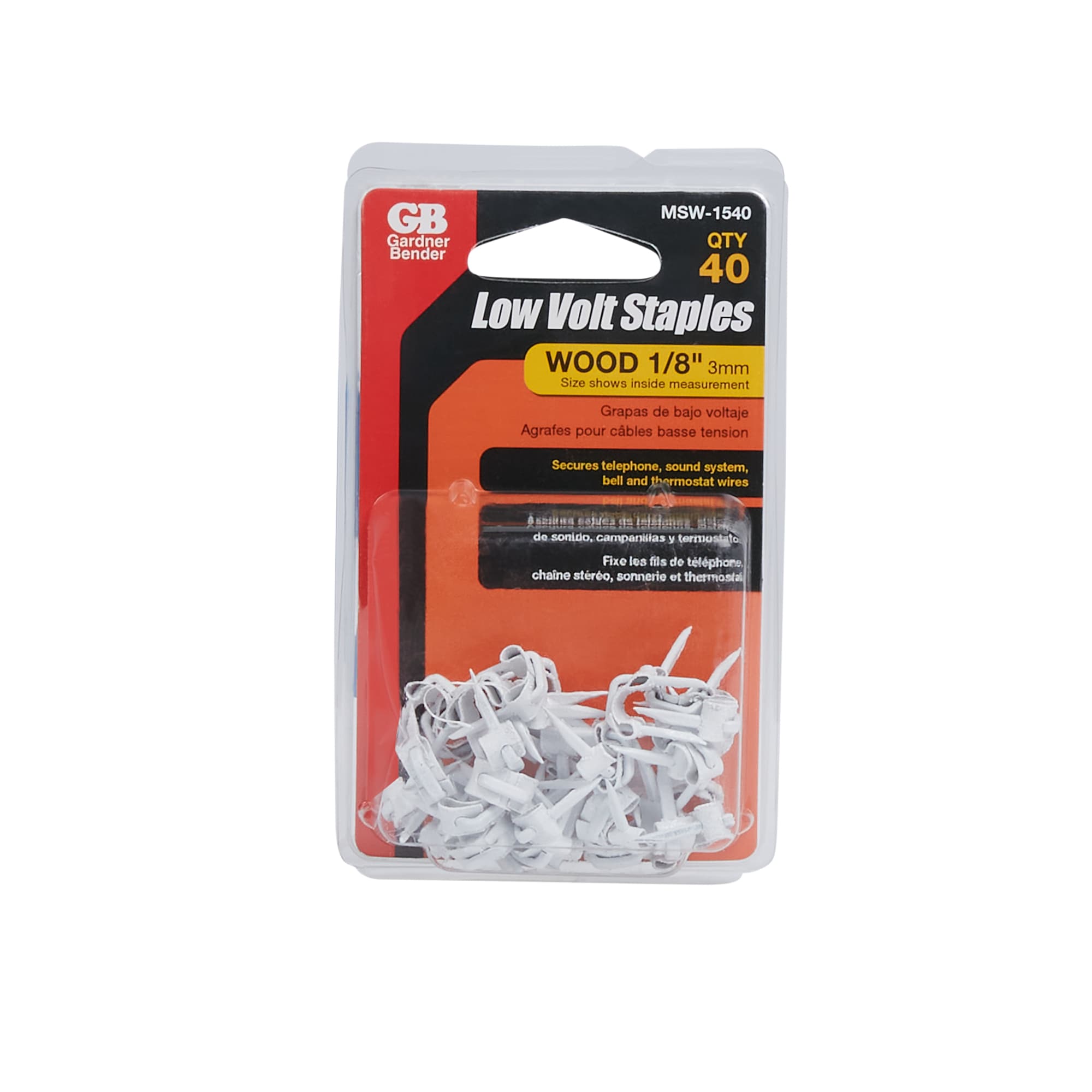 GB Gardner Bender MSW-1540 1//8 Fiber Insulated Steel Staples for Low Voltage 40 per Package White