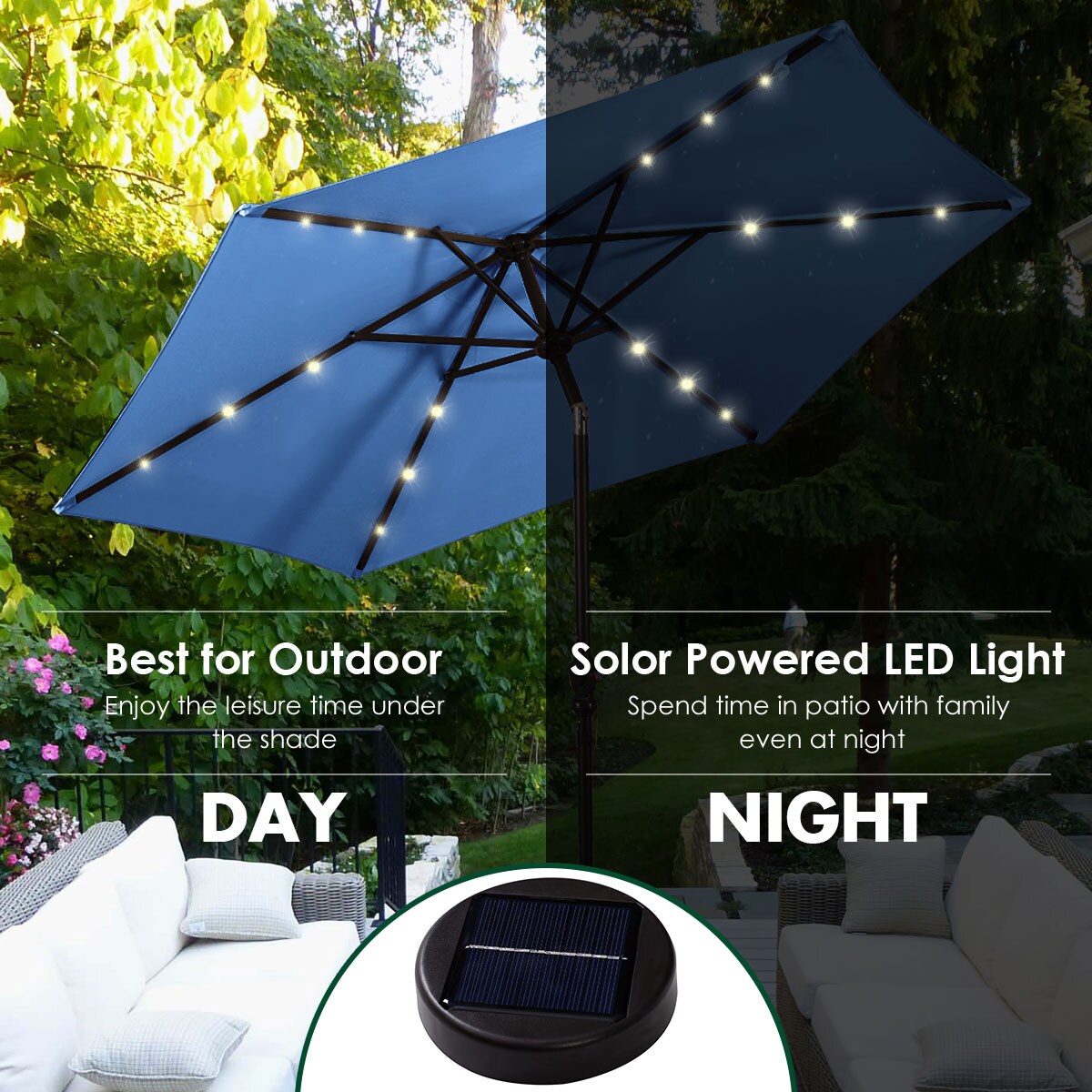0 LED Solar Powered String Warm 8-9ft Outdoor Patio Umbrell 