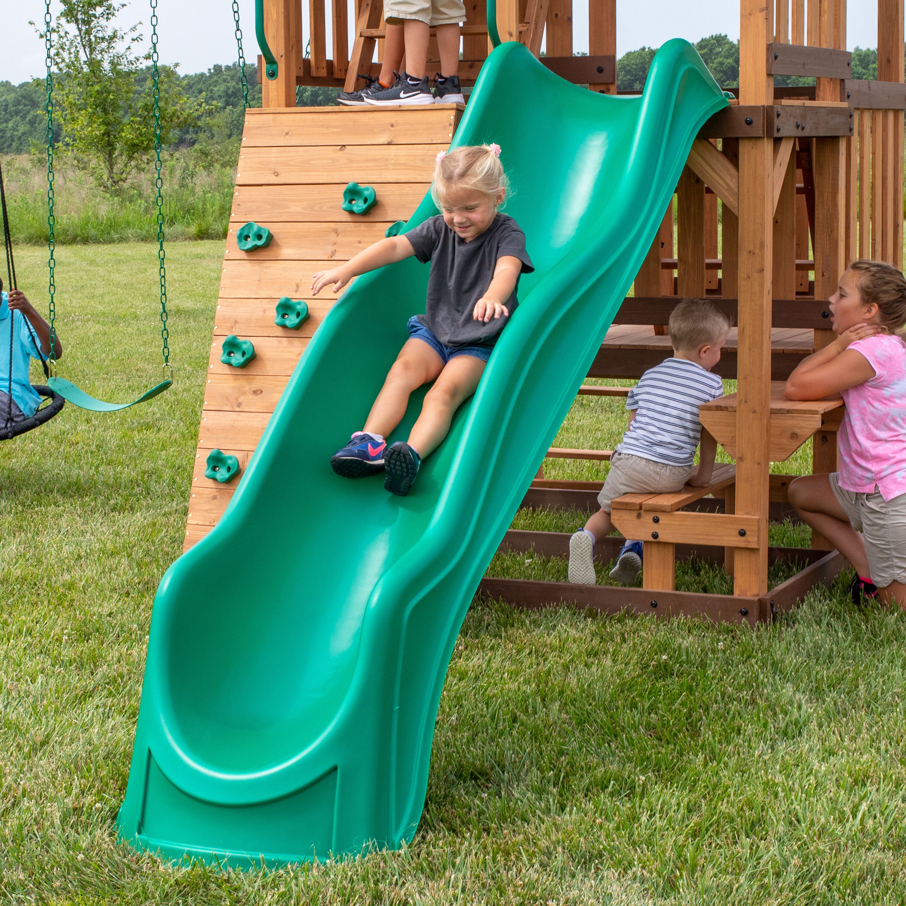Kids Slide w Wide Handrails Backyard Playset Garden Playground Equipment Green 