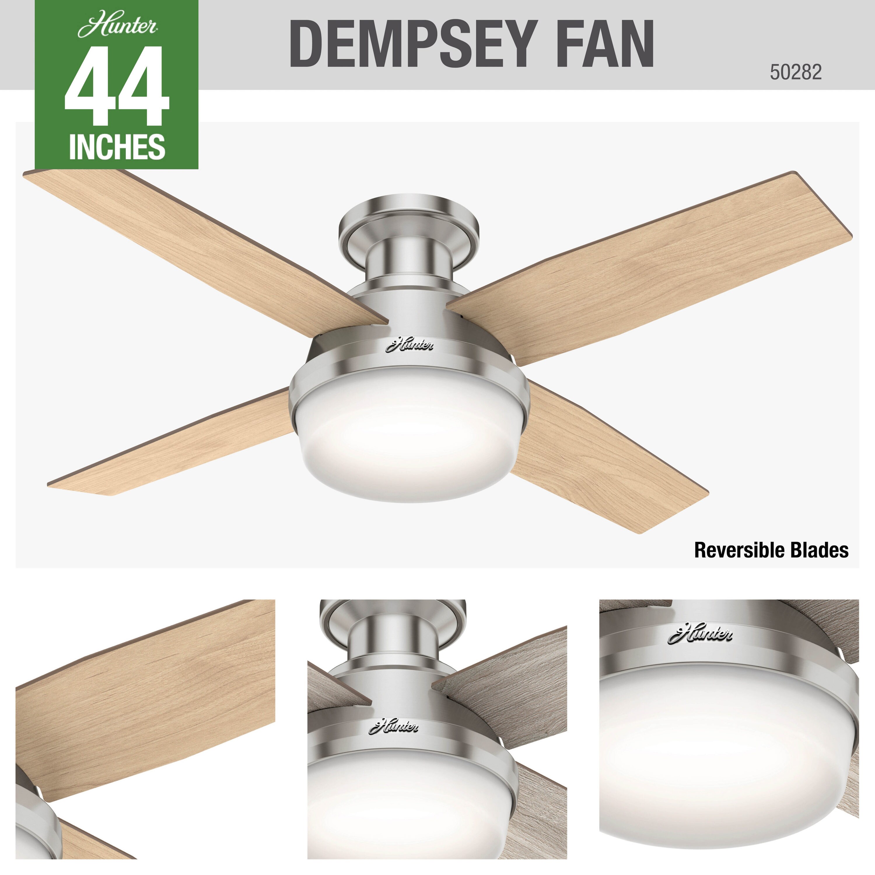 Brushed Nickel Hunter Fan Company 50282 Hunter Dempsey Indoor Low Profile ceiling Fan with LED Light and Remote Control 44 