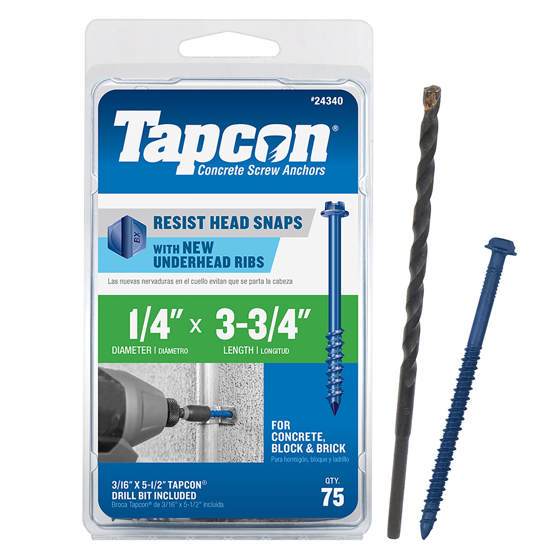 1/4 Tapcon Style Concrete Screws with Bit Slotted Hex Washer Head Concrete Screws to Anchor Masonry Block & Brick 1/4 x 1-3/4 Qty 100 