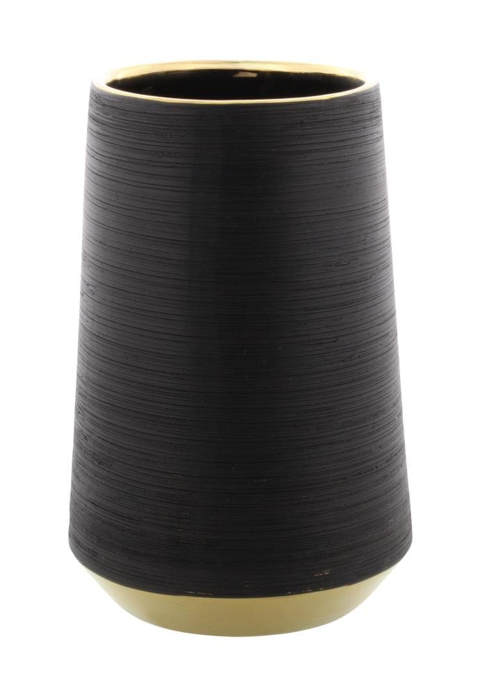 Round Matte Black Porcelain Vase with Metallic Gold Rim & Ridged Texture 5” x 7” CosmoLiving by Cosmopolitan 74687 Wide 