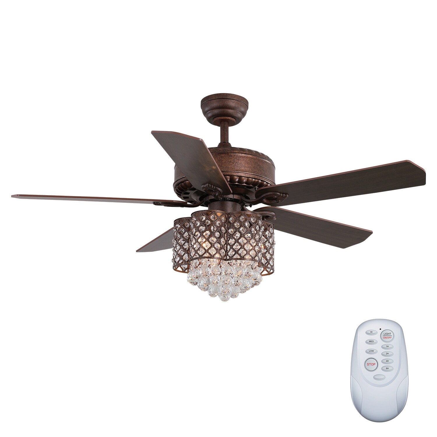 52” Luxury Crystal Ceiling Fan Light Remote LED 3 Light 5 Reversible Wood Blades 